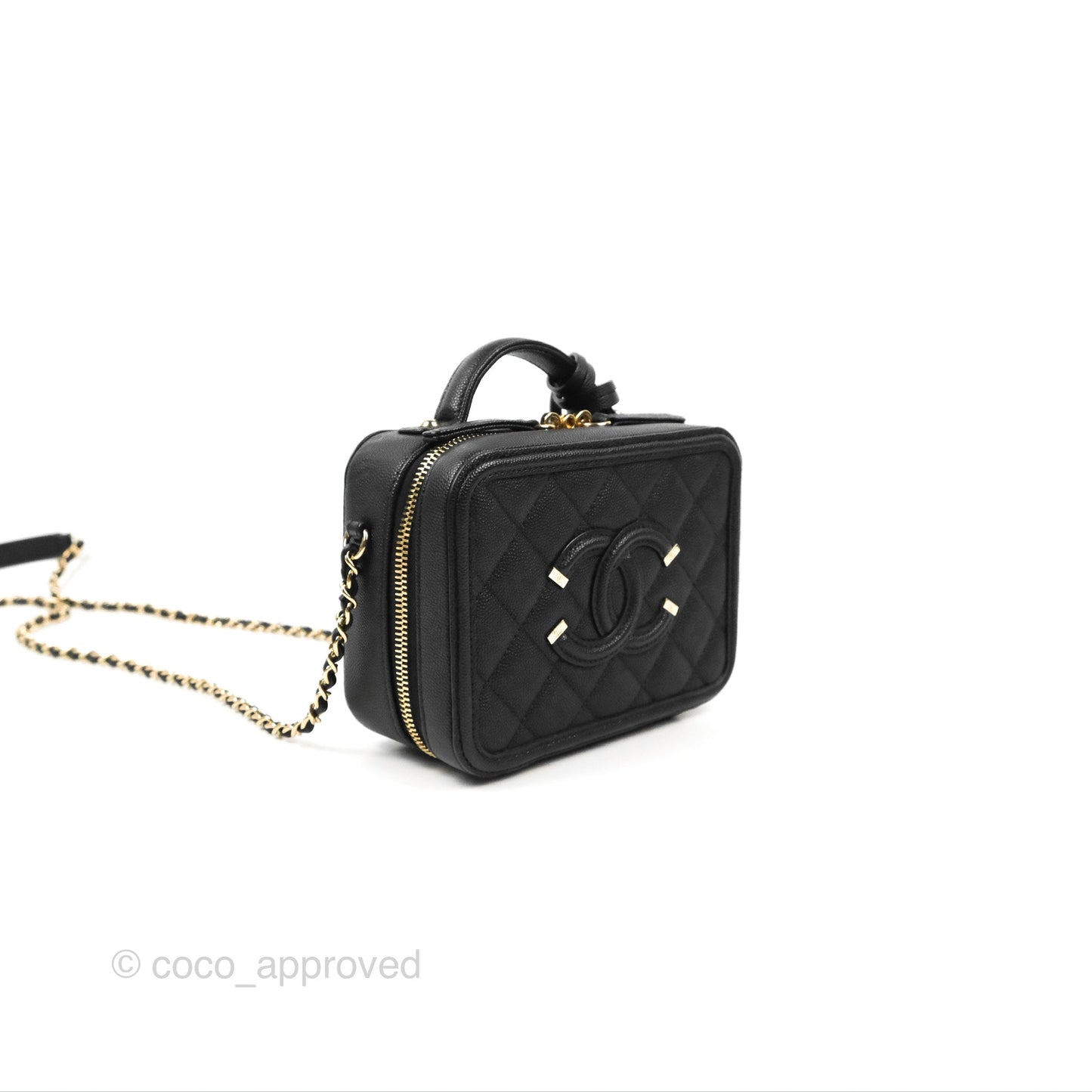 Chanel Quilted Small CC Filigree Vanity Case Black Caviar Gold Hardware