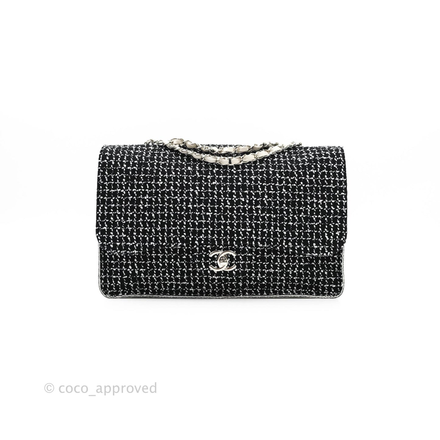 Chanel Classic Single Flap Bag Black/White Tweed Silver Hardware
