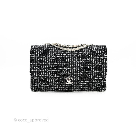 Chanel Classic Single Flap Bag Black/White Tweed Silver Hardware