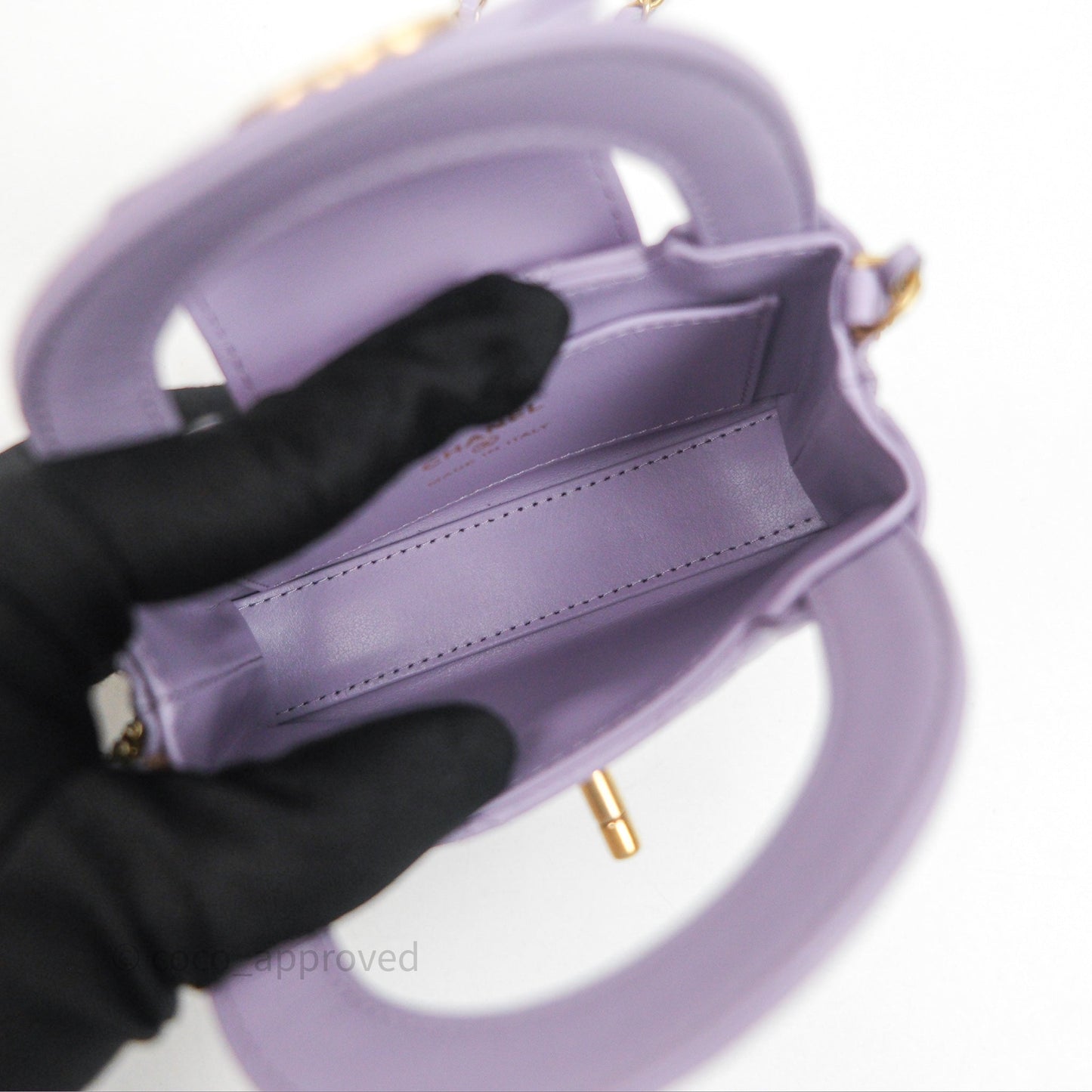 Chanel Mini Nano Kelly Bag Purple Shiny Calfskin Aged Gold Hardware