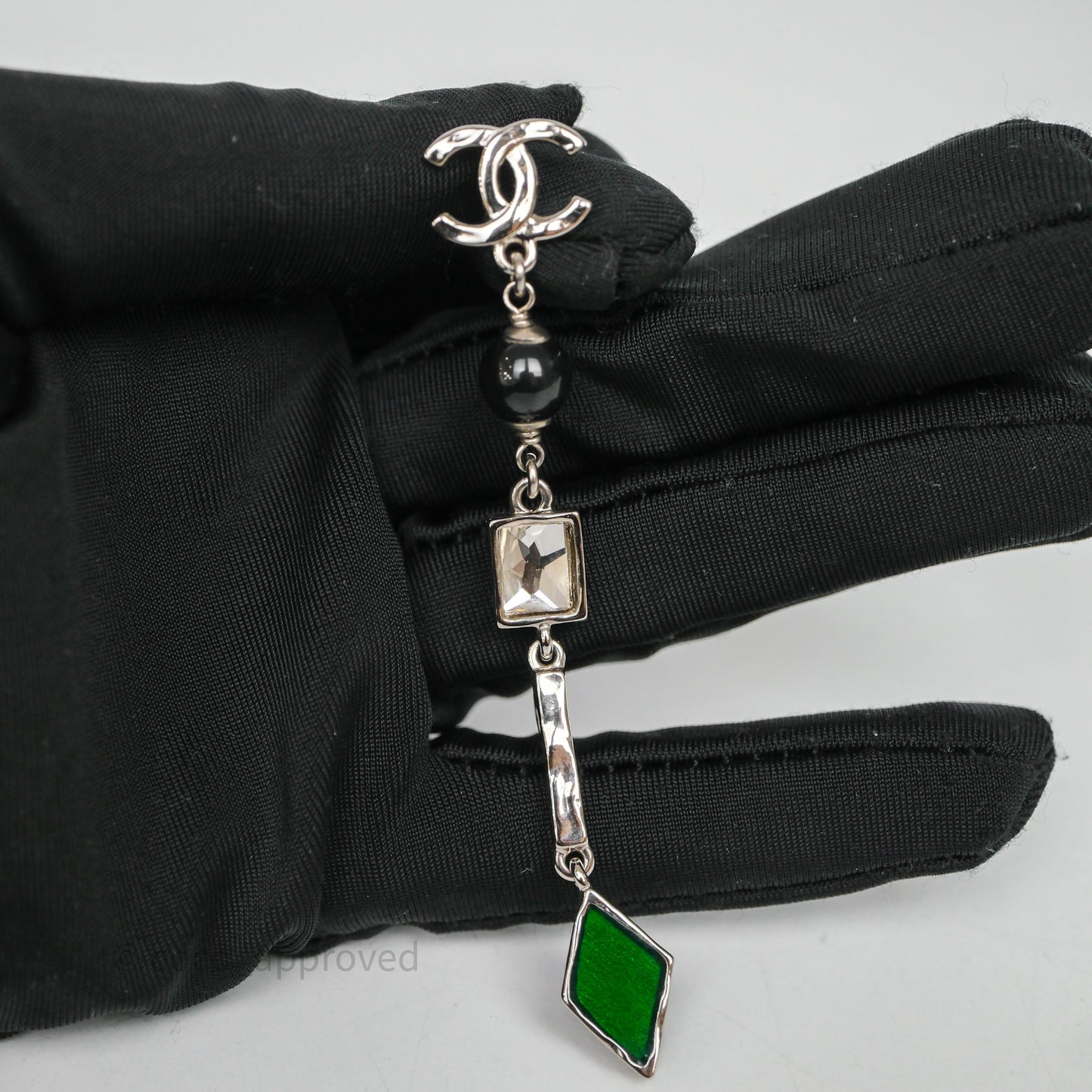 Chanel CC Black/ Green Resin Drop Earrings Silver Tone 26X
