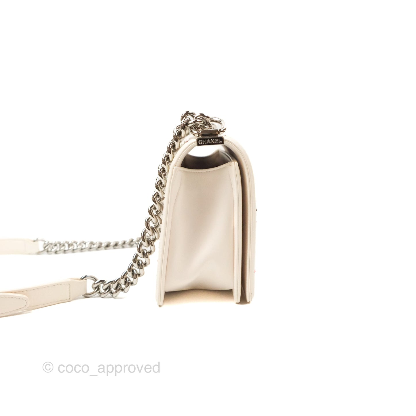 Chanel Medium Boy Sequins Quilted White Lambskin Silver Hardware