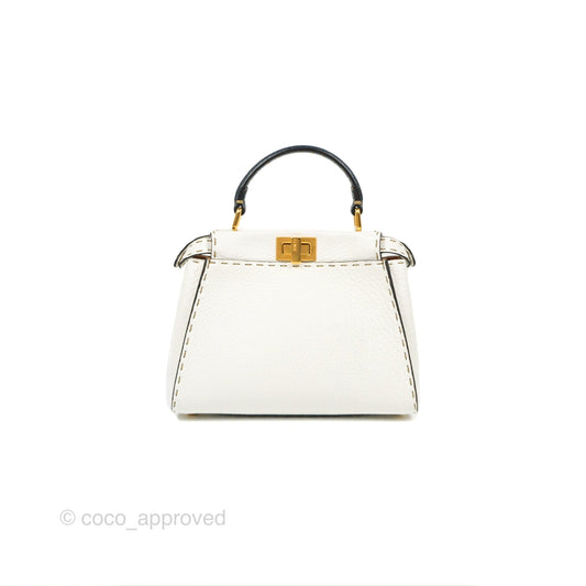 Fendi Mini Peekaboo Bag Contrast Stitch Off White/Navy Grained Leather Gold Hardware