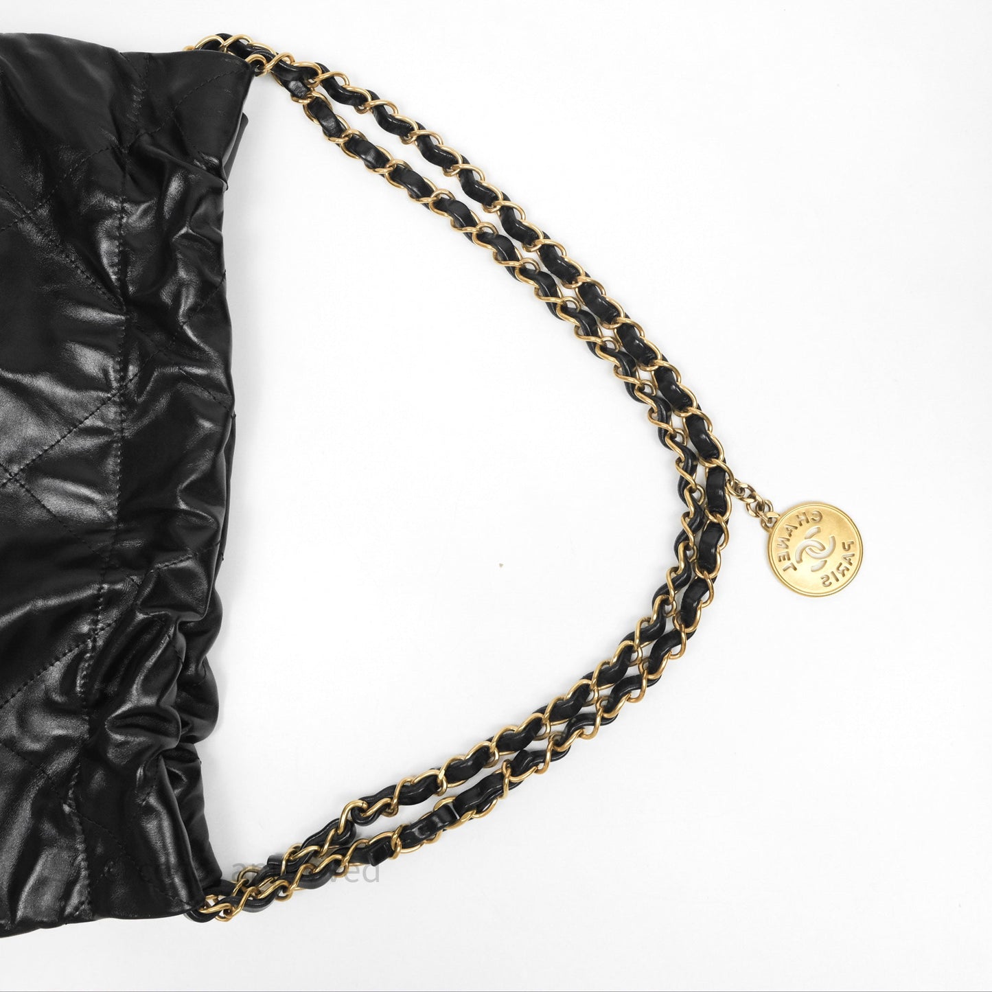 Chanel 22 Bag Small Black Shiny Calfskin Aged Gold Hardware