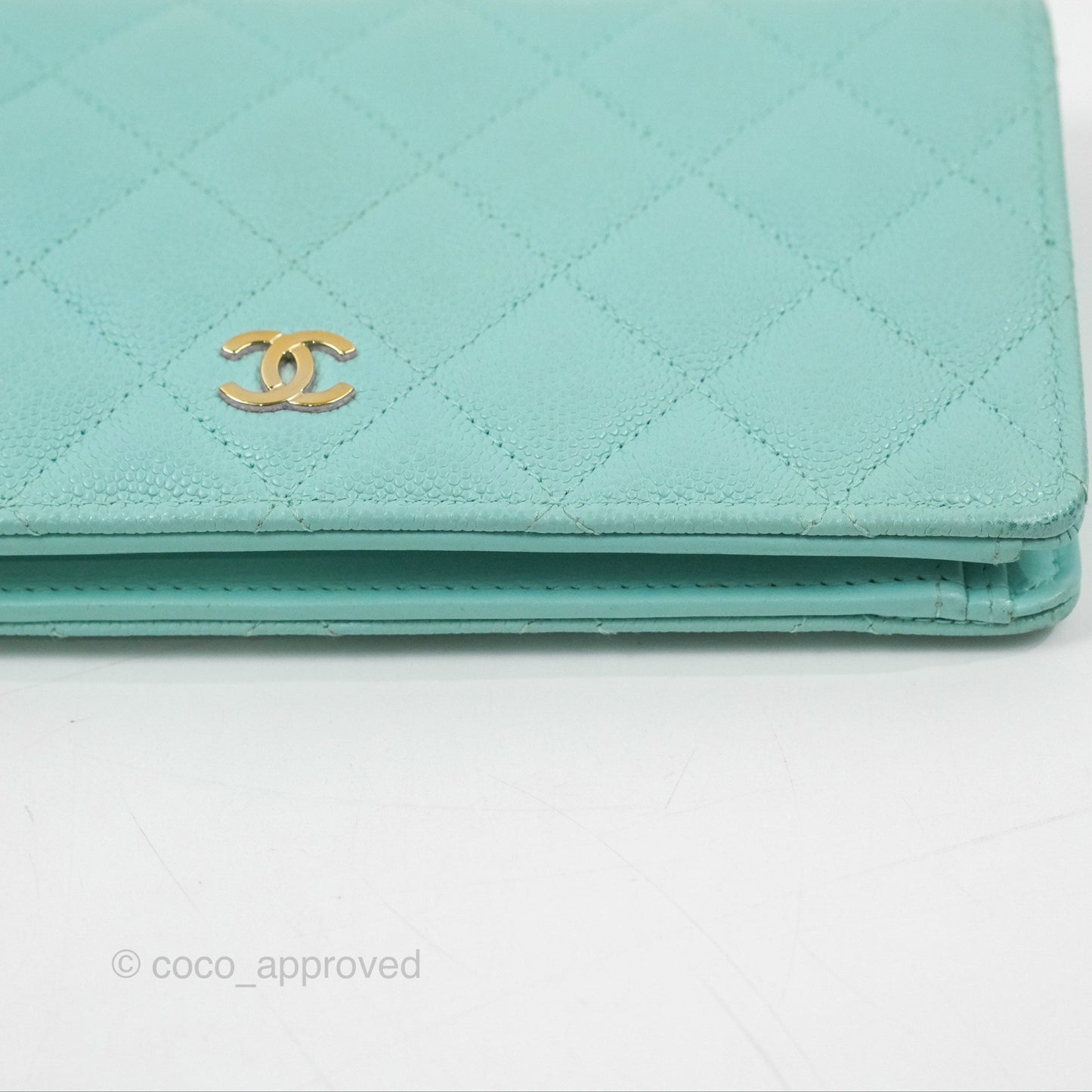 Chanel Classic Quilted Long Wallet Tiffany Blue Caviar Gold Hardware