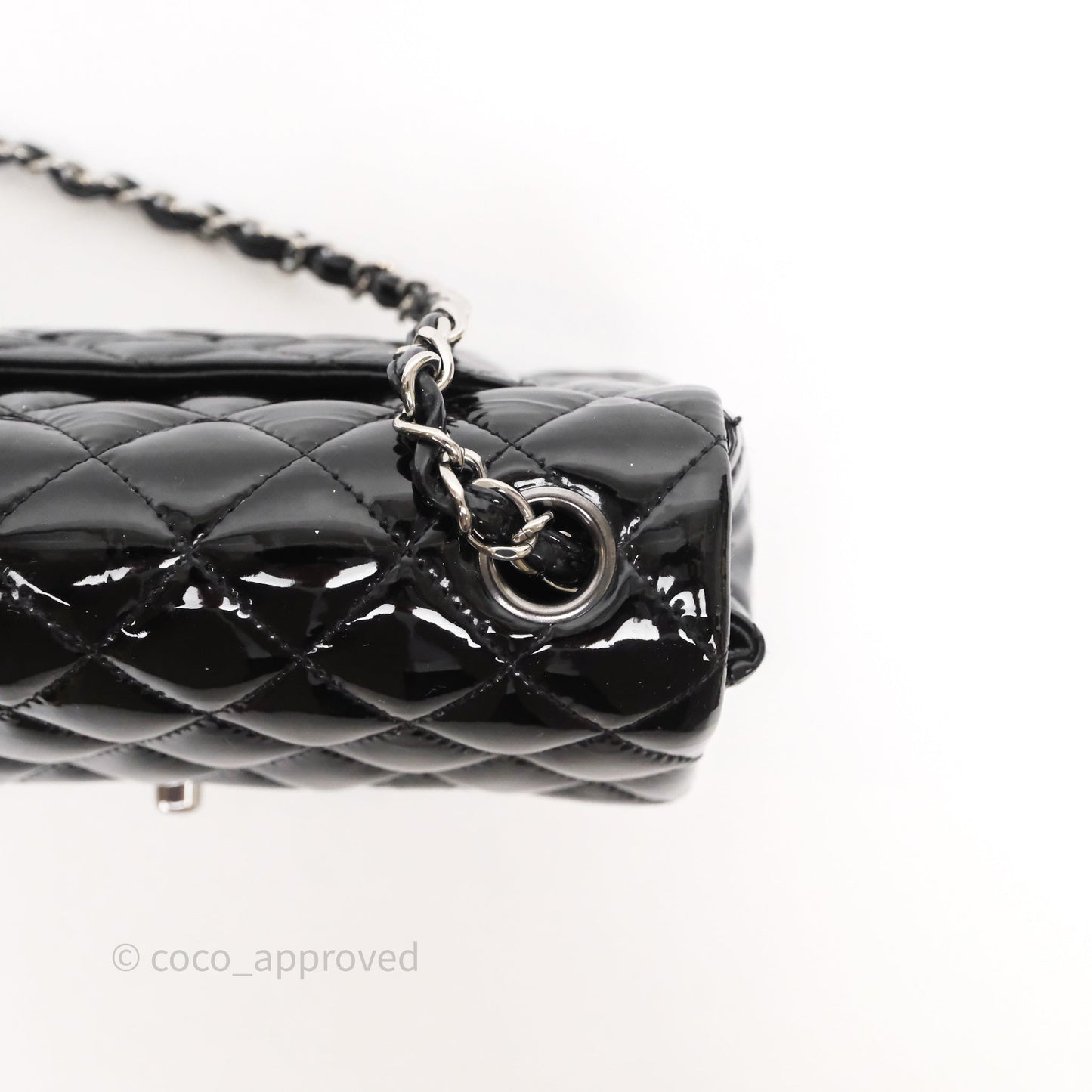 Chanel Quilted Mini Rectangular Flap Black Patent Silver Hardware
