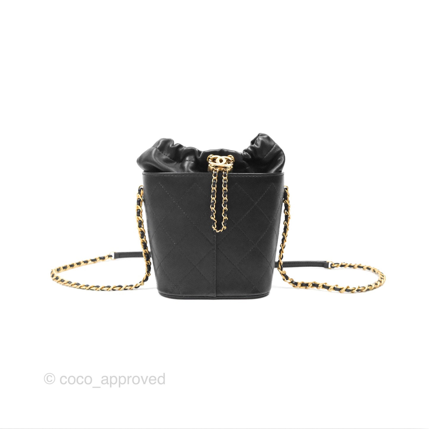 Chanel Drawstring Bucket Bag Quilted Black Caviar Aged Gold Hardware
