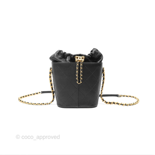 Chanel Drawstring Bucket Bag Quilted Black Caviar Aged Gold Hardware