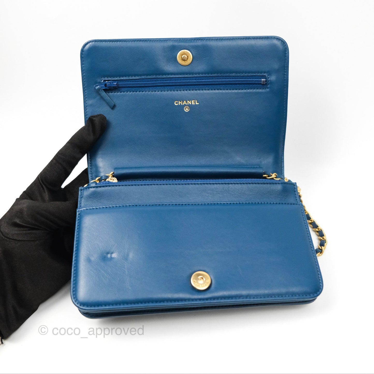 Chanel Quilted Boy Wallet on Chain WOC Blue Calfskin Aged Gold Hardware