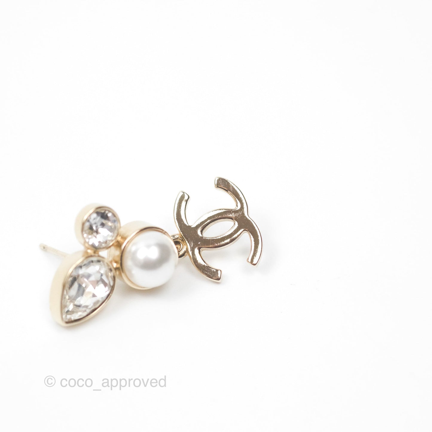 Chanel Rhinestone Pearl CC Drop Earrings Gold Tone 22C