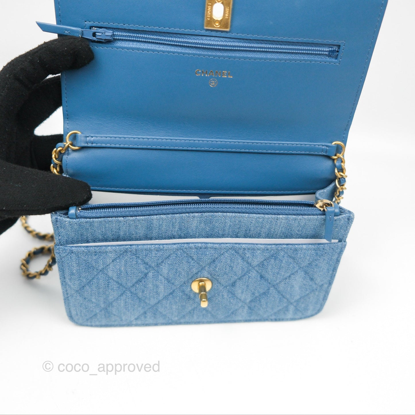 Chanel Quilted Pearl Crush Wallet on Chain WOC Denim Aged Gold Hardware