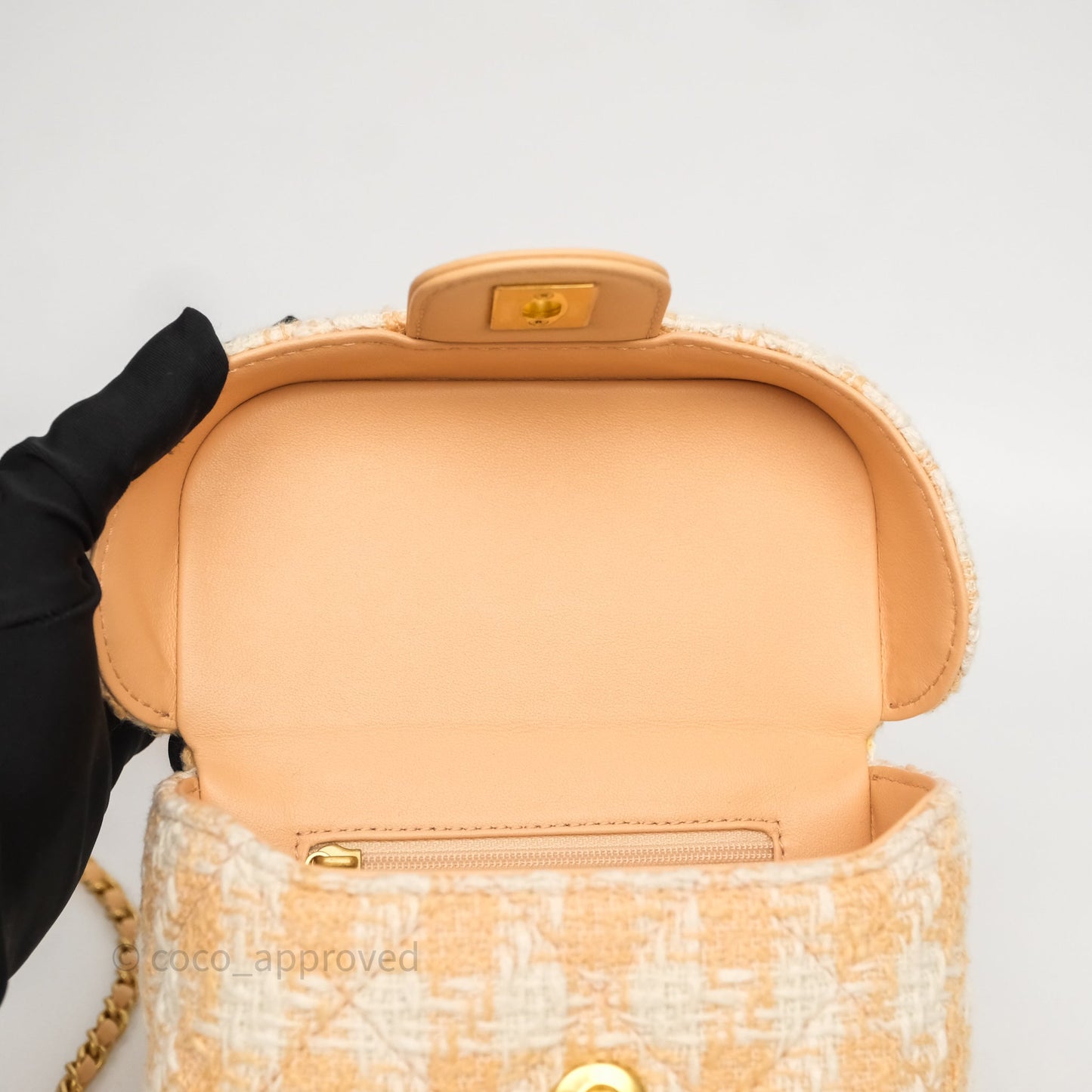 Chanel Vanity Case with Top Handle Orange Apricot Tweed Aged Gold Hardware