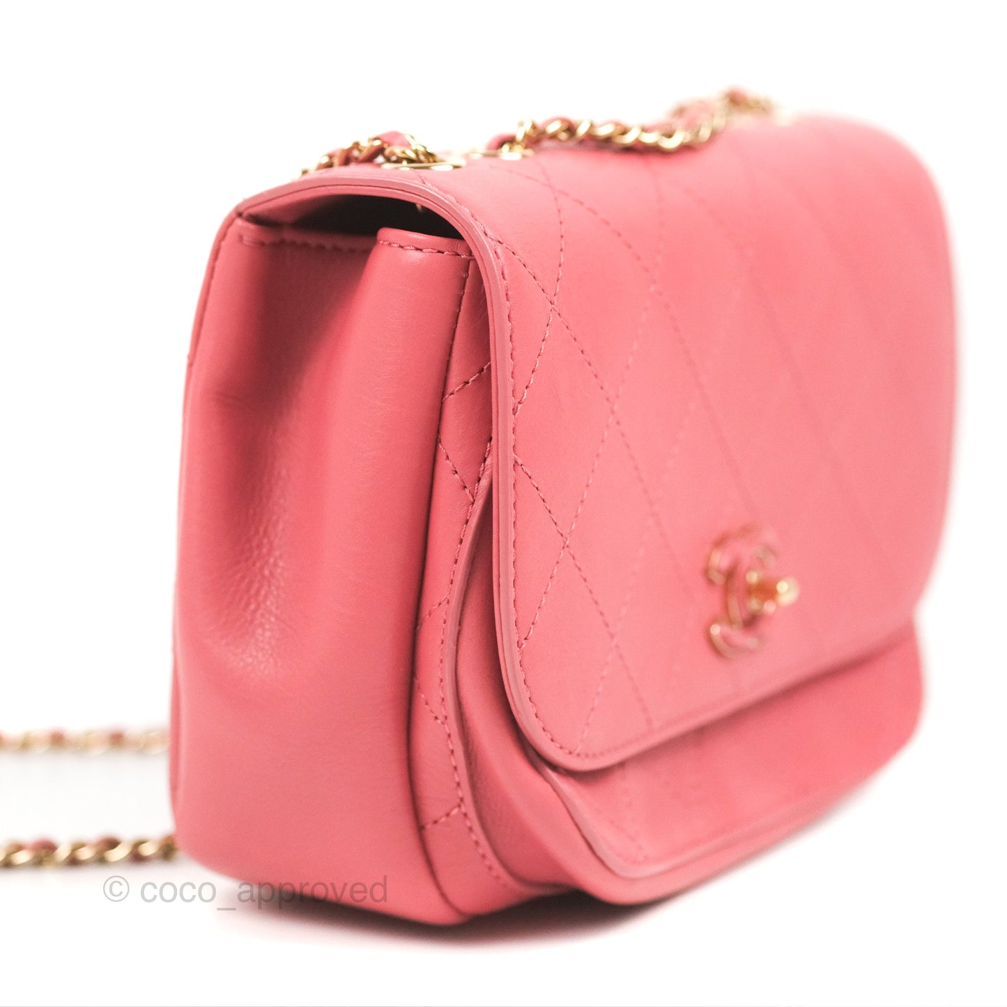 Chanel Small Flat Quilt Round Flap Bag Pink Calfskin Gold Hardware