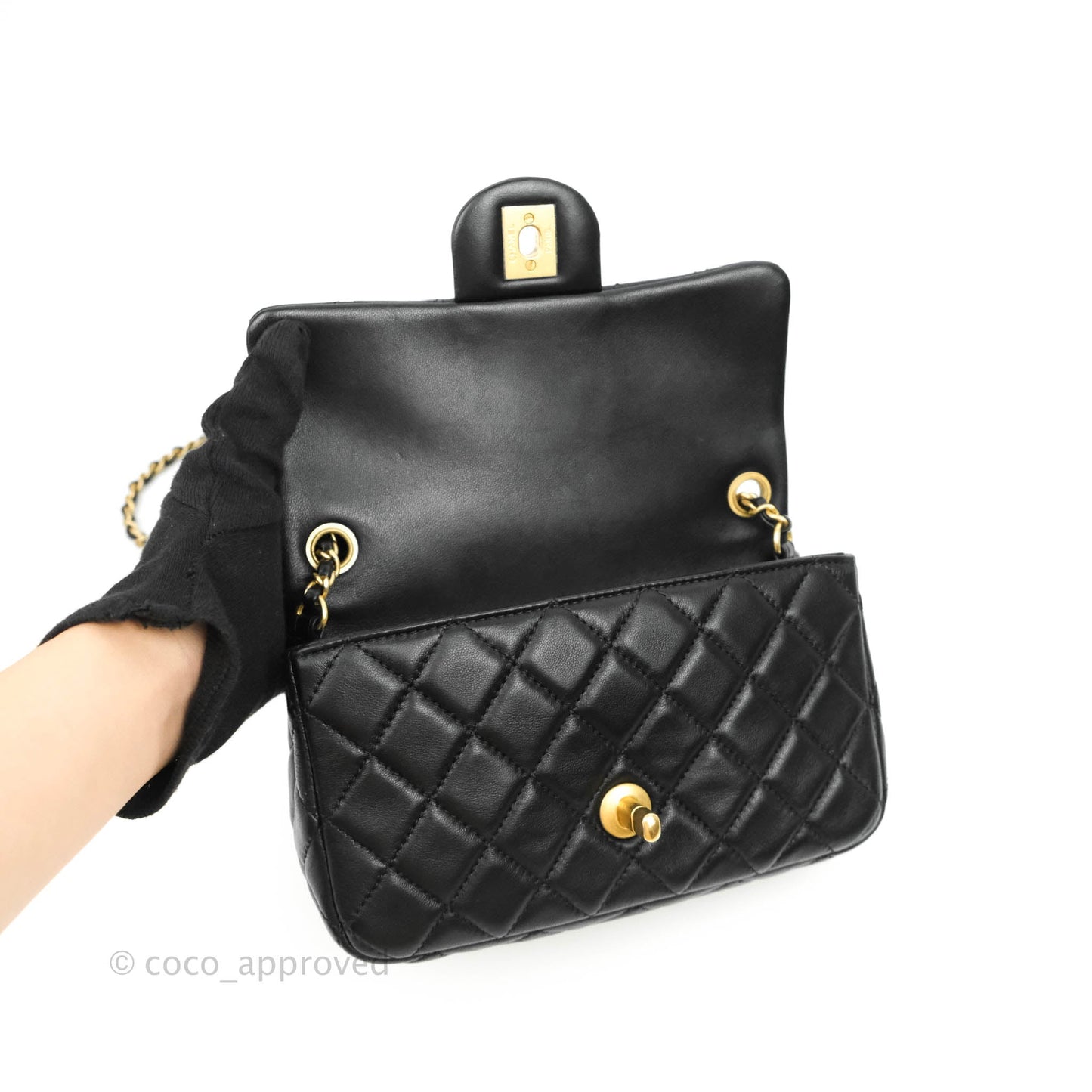 Chanel Mini Rectangular Pearl Crush Quilted Black Lambskin Gold Hardware
