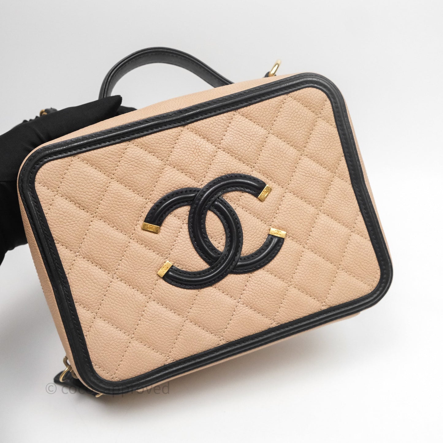 Chanel Medium CC Filigree Vanity Case Quilted Beige Black Caviar