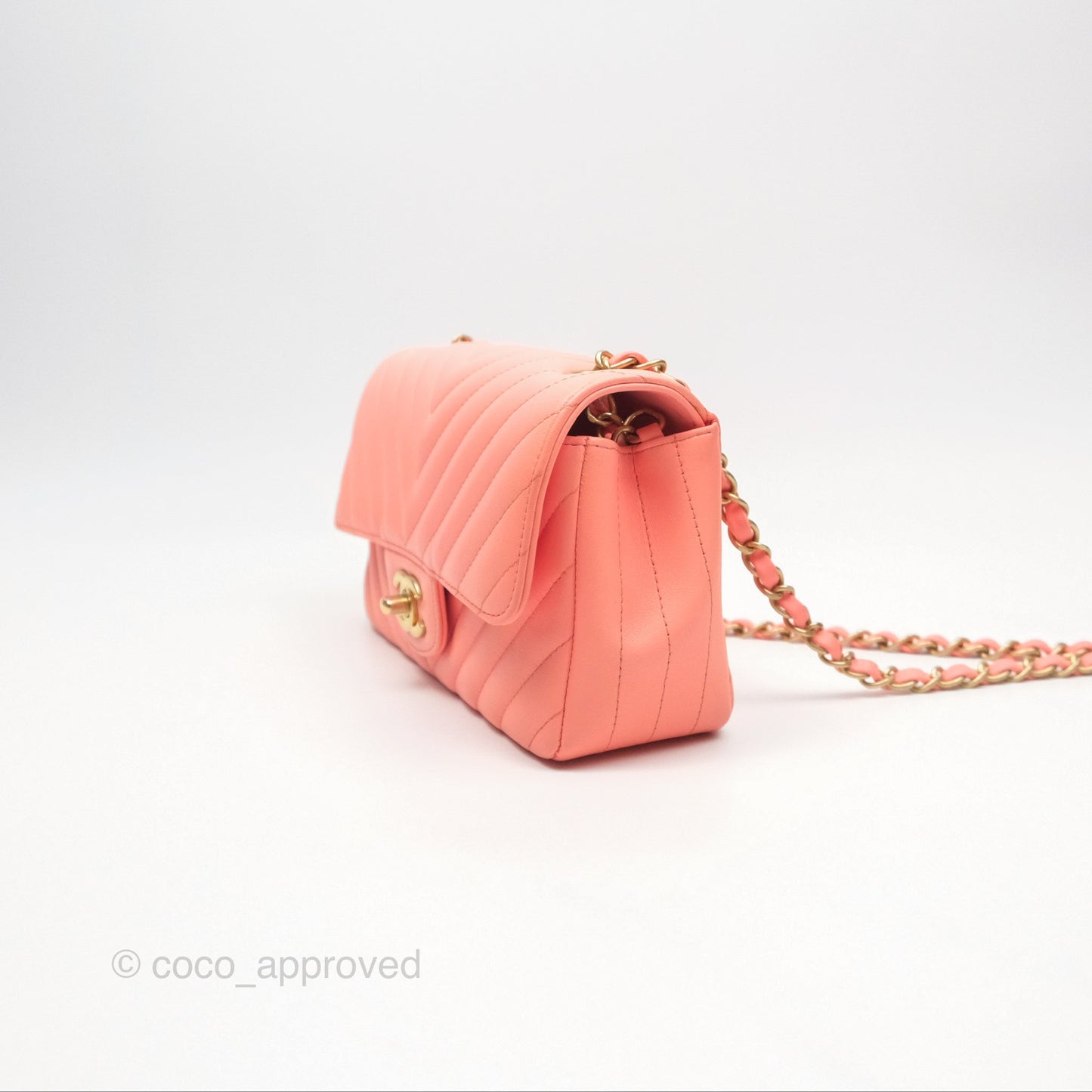 Chanel Chevron Mini Rectangular Flap Peach Pink Lambskin Aged Gold Hardware