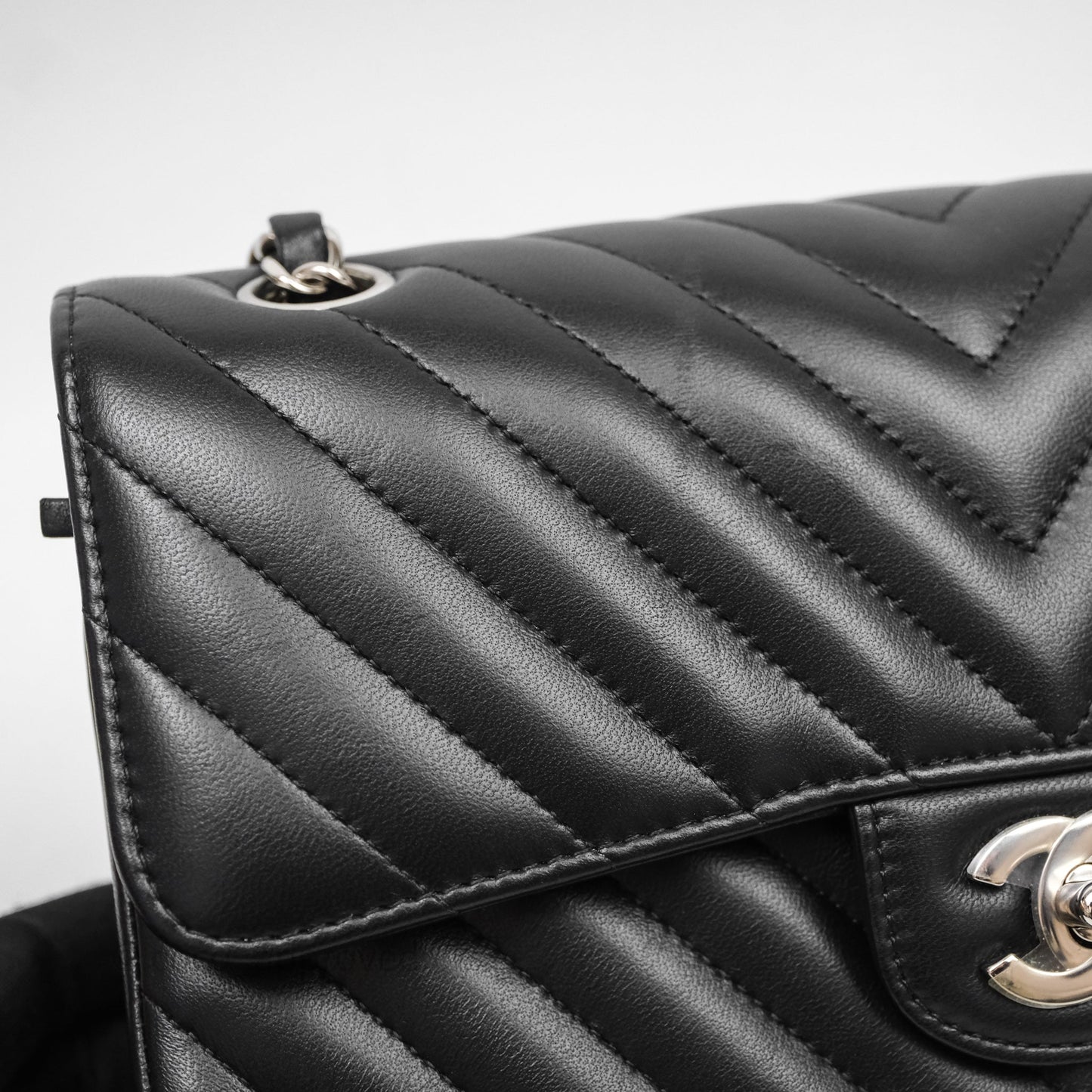 Chanel Small Classic Chevron Flap Black Lambskin Silver Hardware