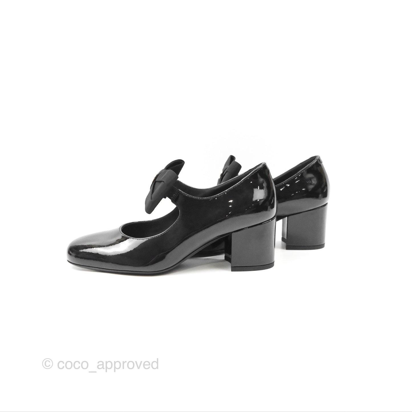 Chanel CC Ribbon Mary Jane Block Heels Black Patent 24C