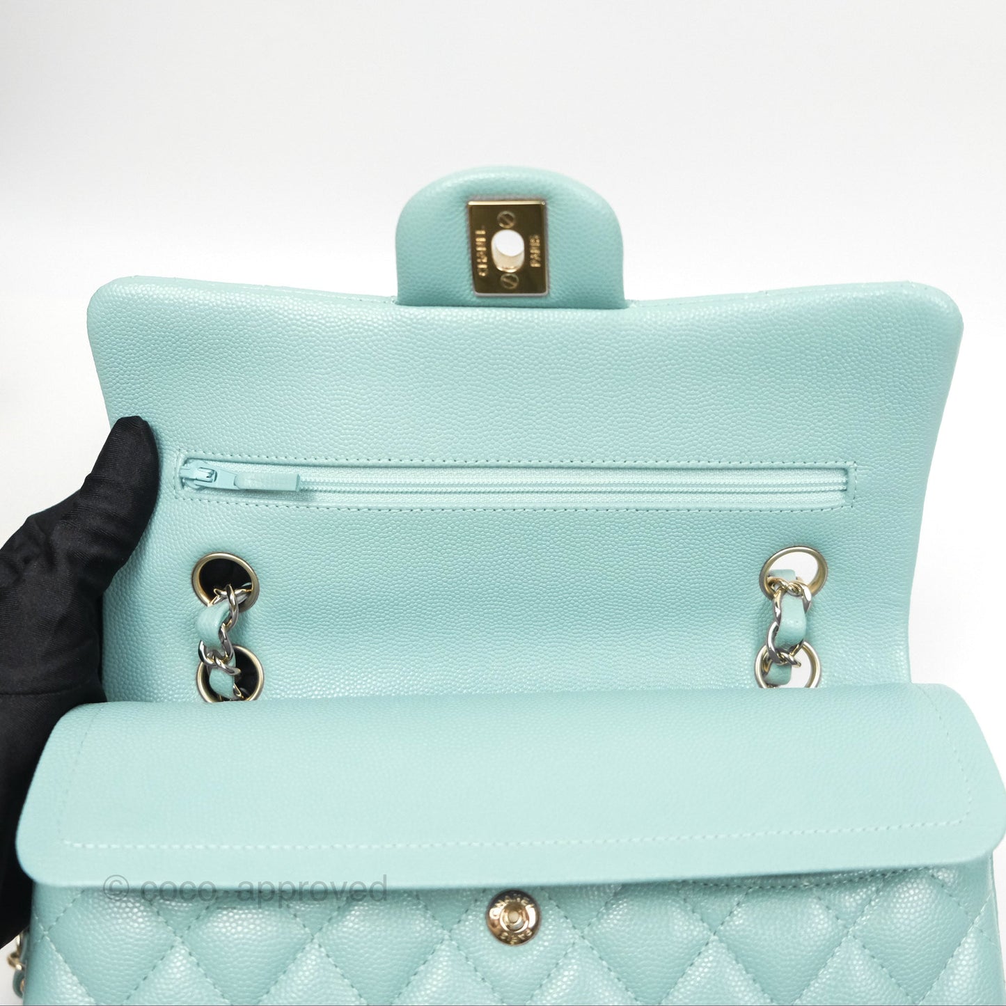 Chanel Small Classic Quilted Flap Tiffany Green Caviar Gold Hardware