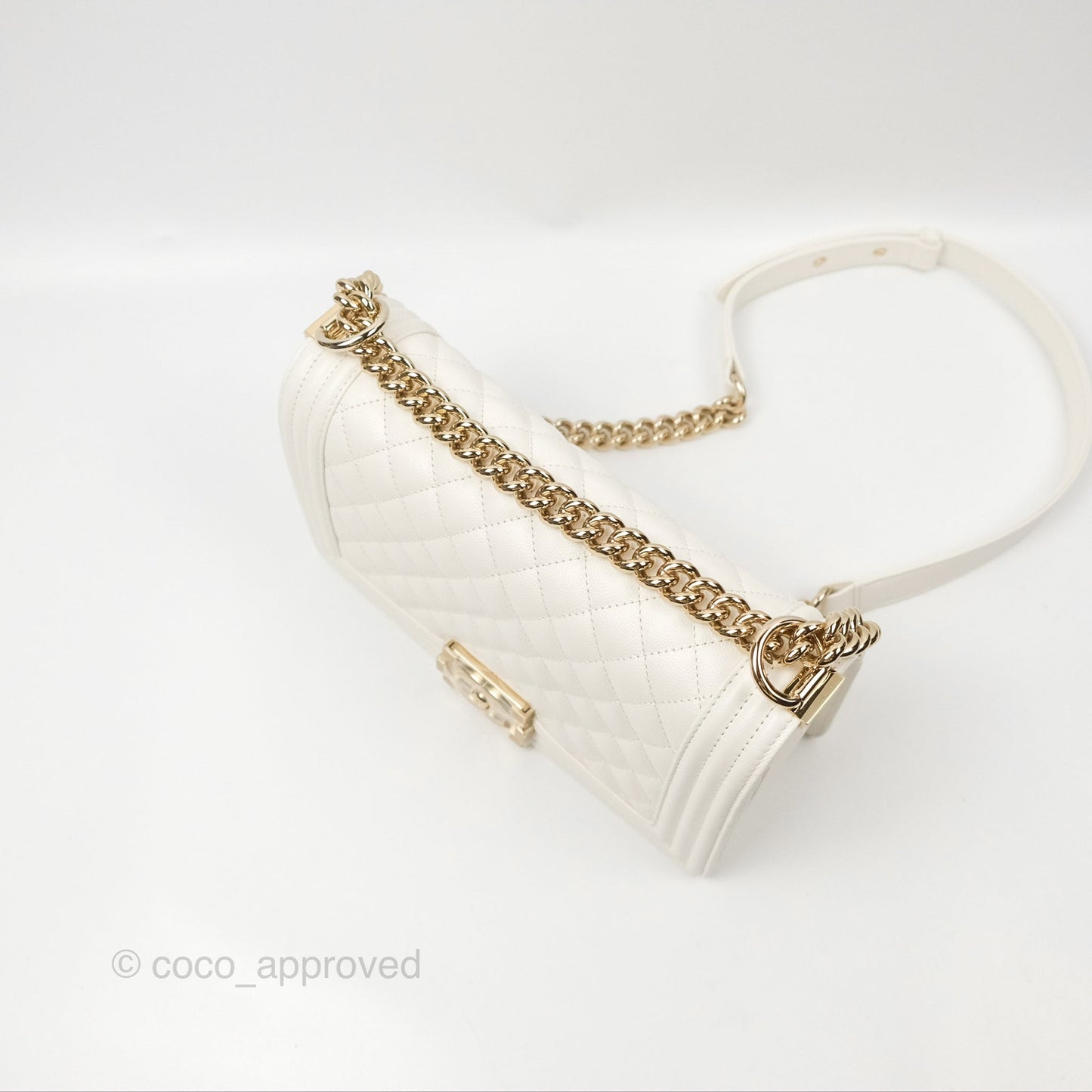 Chanel Medium Boy Quilted White Caviar Gold Hardware