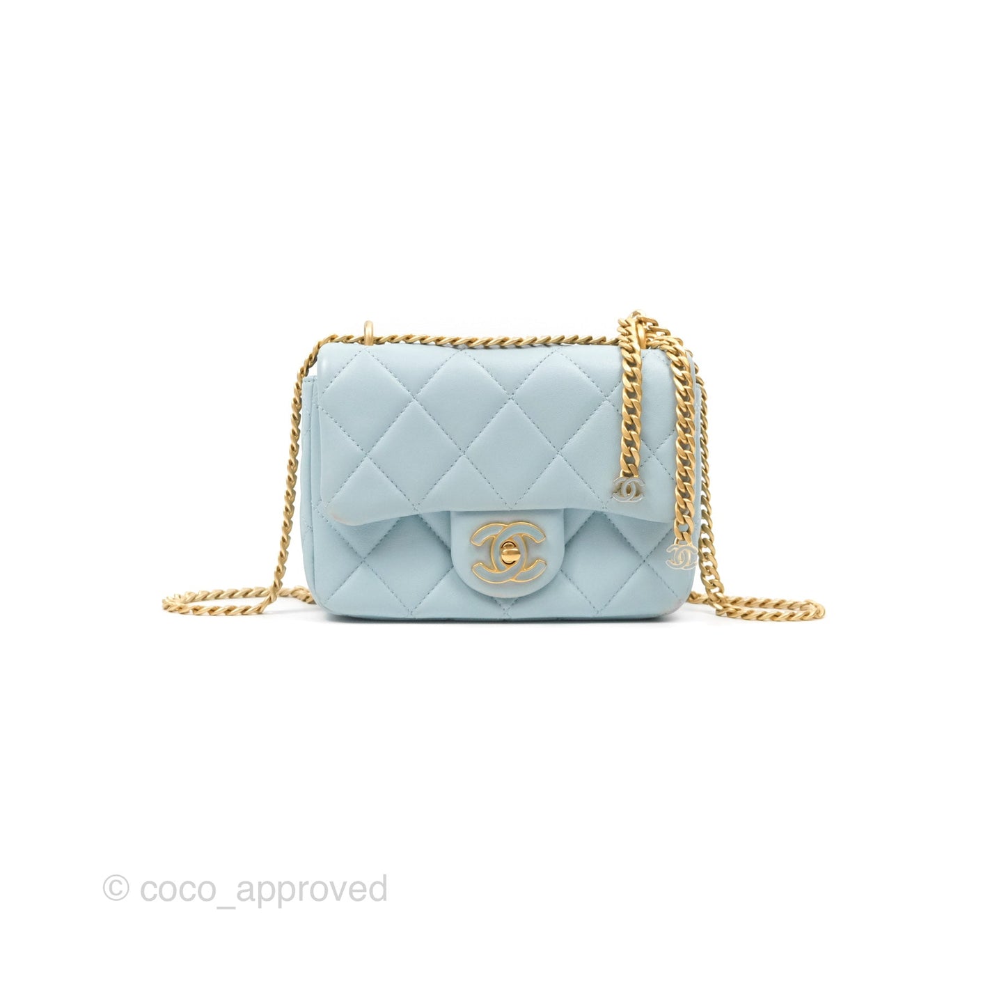 Chanel Quilted Enamel Pending CC Mini Square Flap Baby Blue Lambskin 22P
