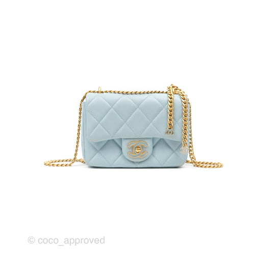 Chanel Quilted Enamel Pending CC Mini Square Flap Baby Blue Lambskin 22P