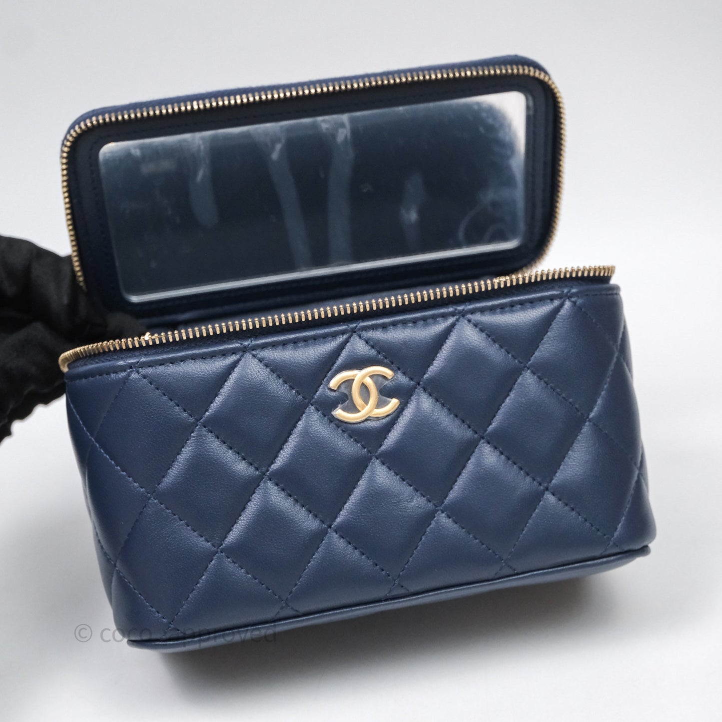 Chanel Vanity Rectangular Metal Top Handle Navy Lambskin Aged Gold Hardware
