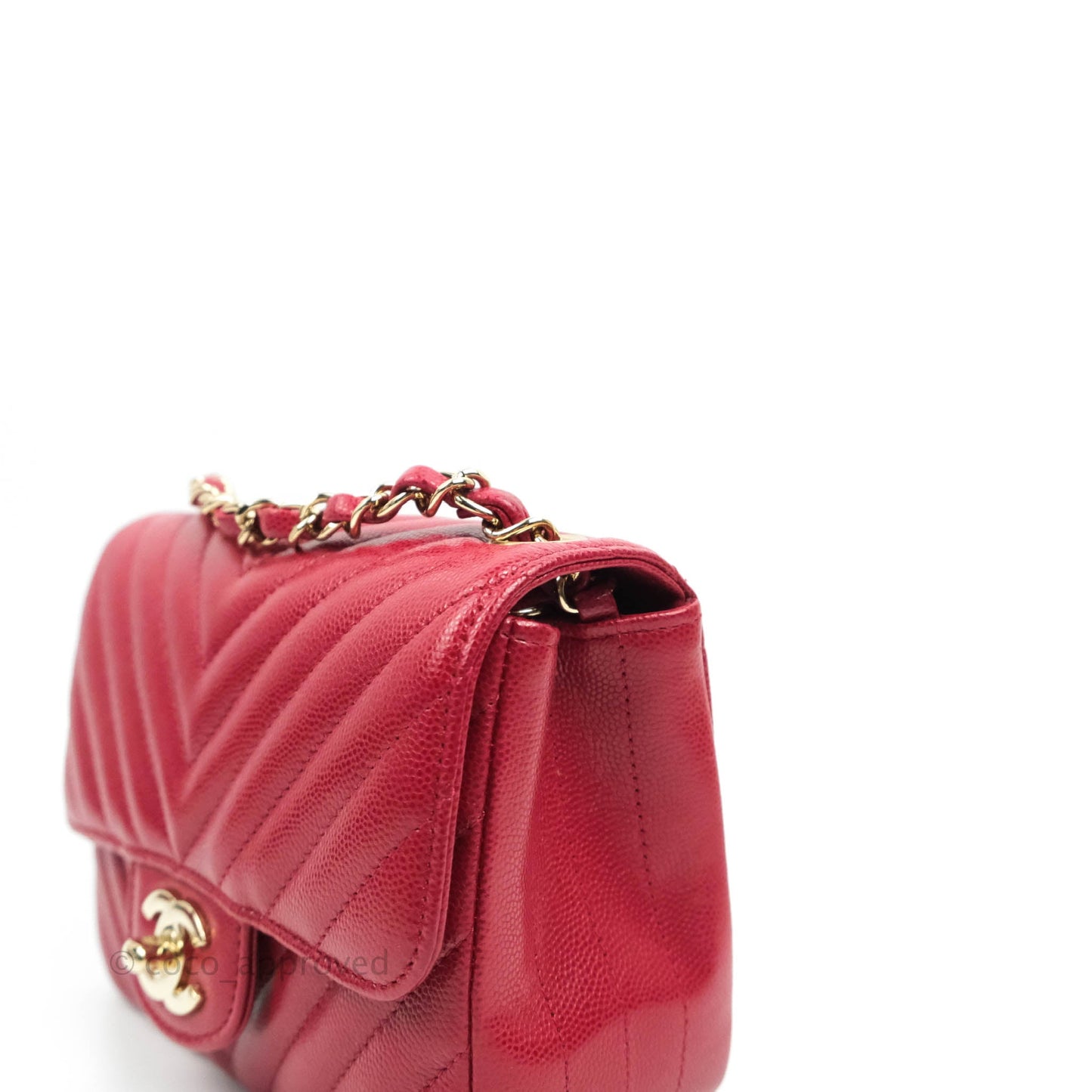 Chanel Mini Square Chevron Rosy Red Caviar Gold Hardware 18B