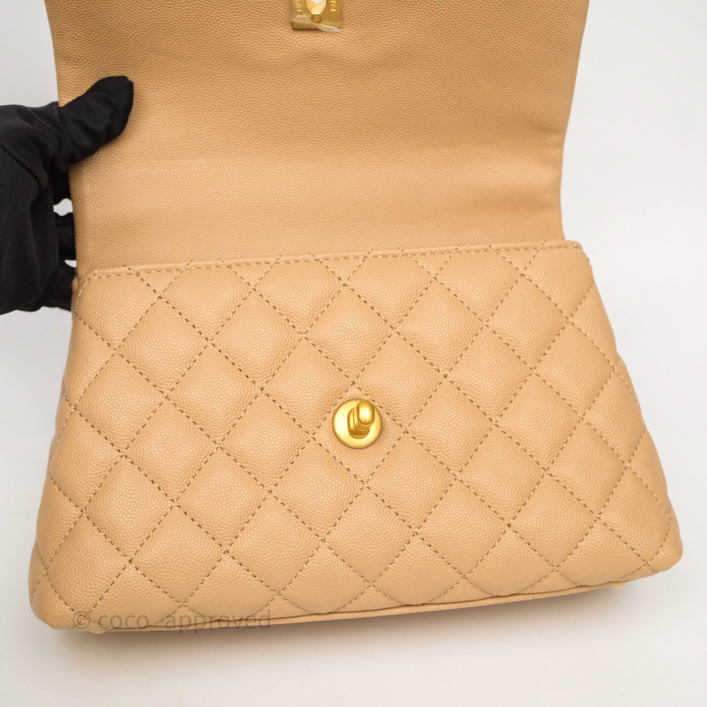Chanel Small Coco Handle Quilted Beige Caviar Gold Hardware Lizard Handle