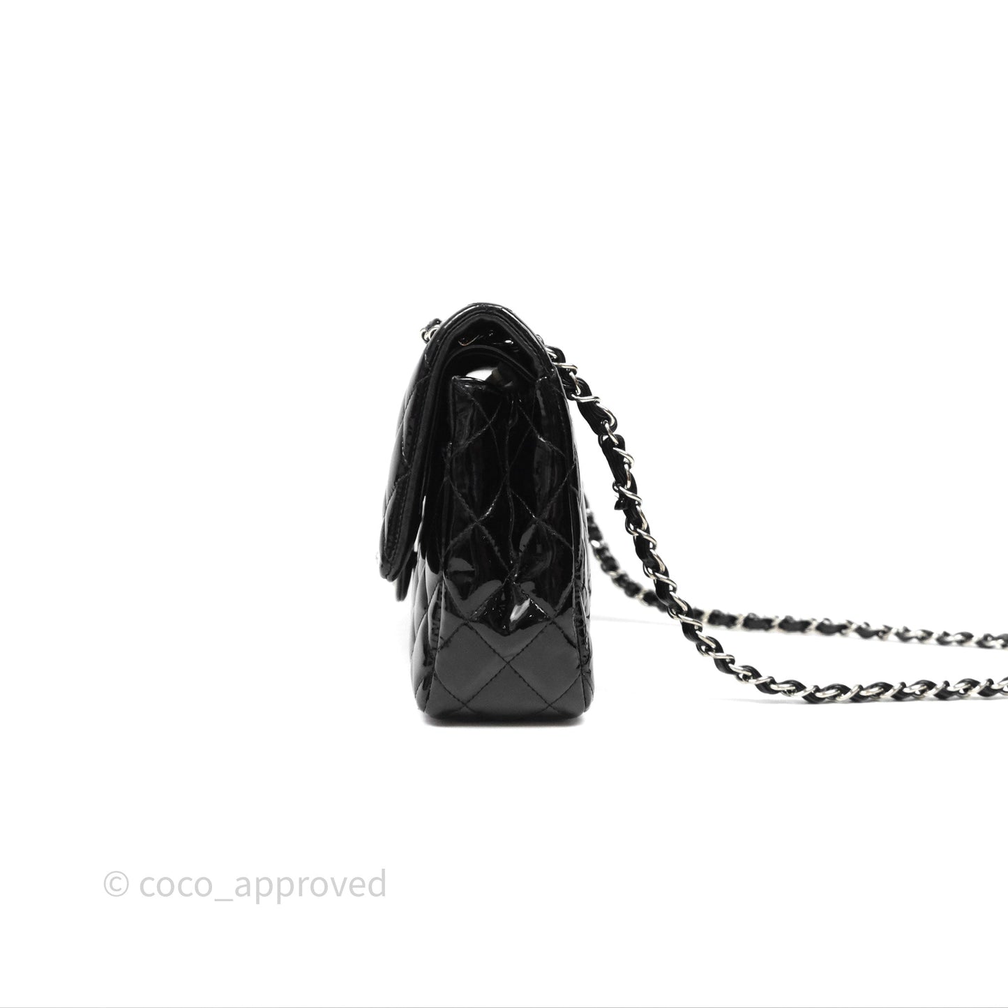 Chanel Classic M/L Medium Flap Quilted Black Patent Silver Hardware