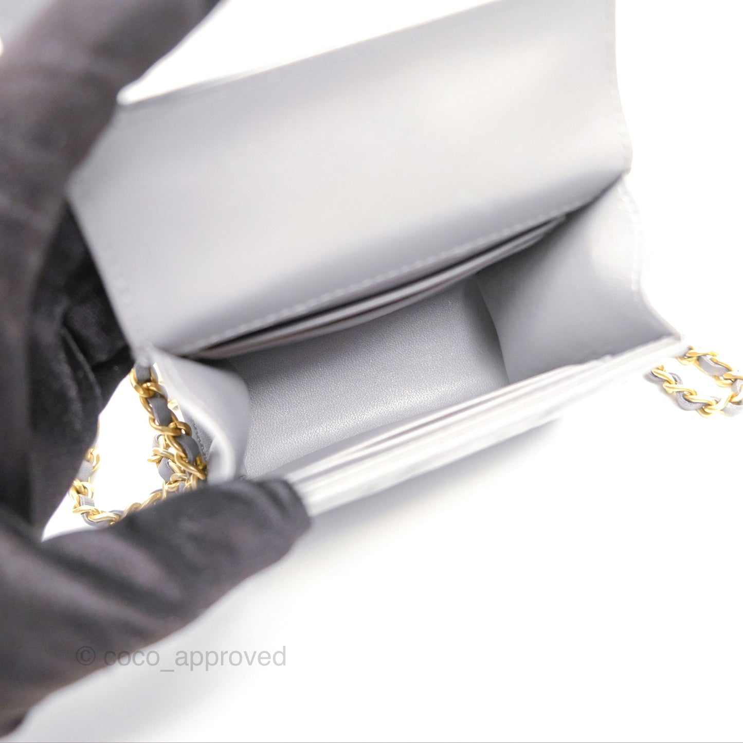 Chanel Mini Metal Handle Clutch With Chain Grey Lambskin Gold Hardware