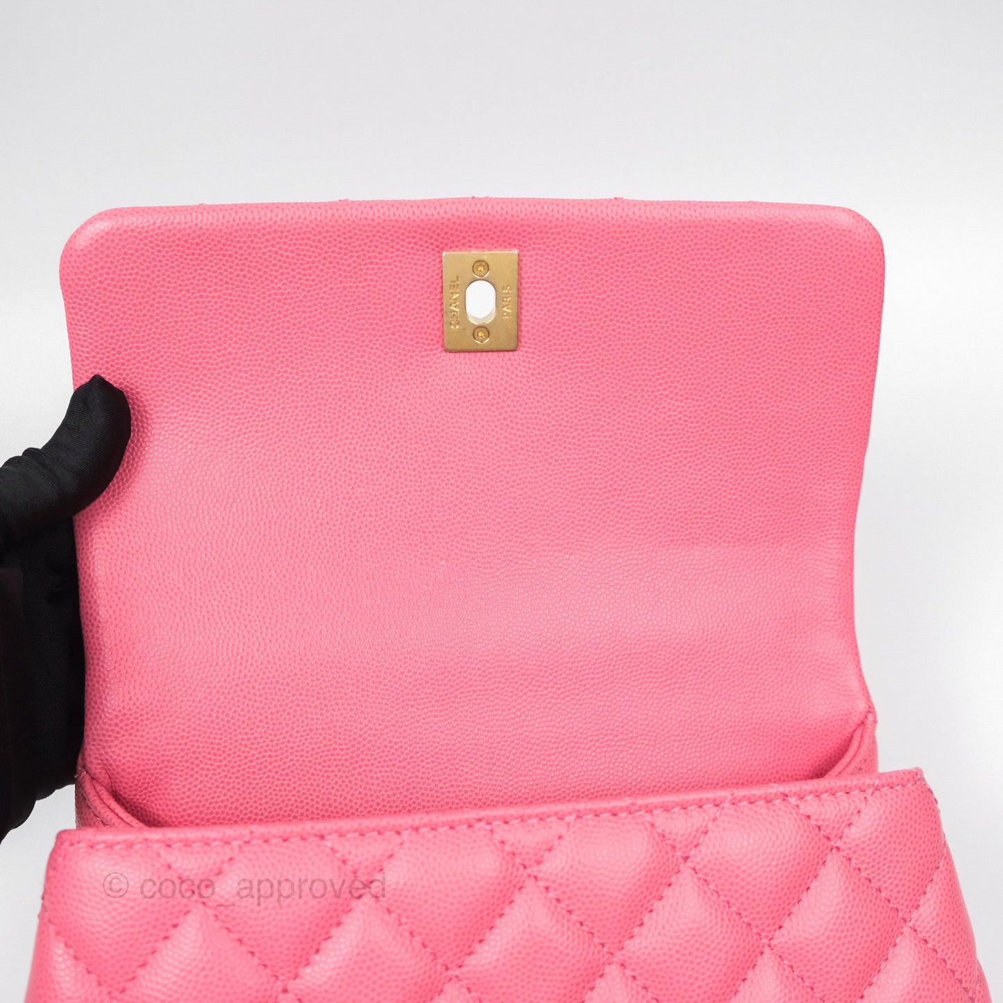 Chanel Small Coco Handle Quilted Pink Caviar Aged Gold Hardware Lizard Handle