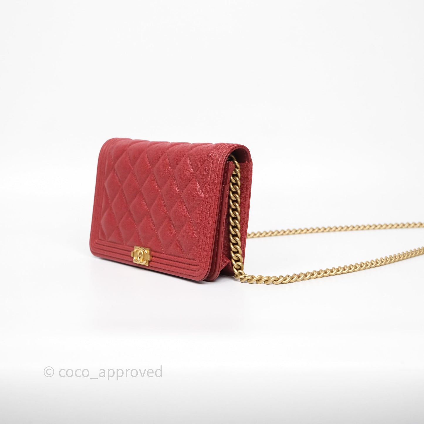 Chanel Boy Wallet on Chain WOC Red Caviar Aged Gold Hardware