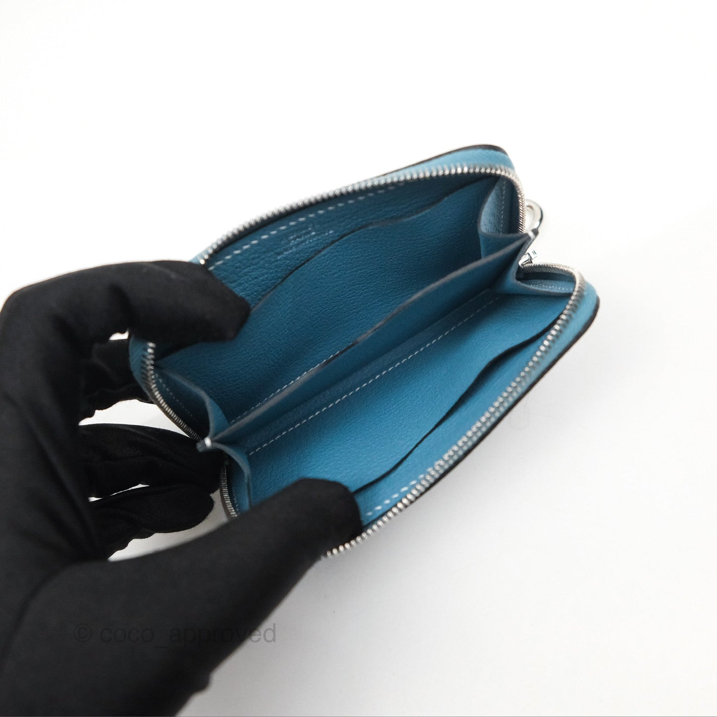 Hermès Zipengo Chaine d'Ancre Compact Card Holder Blue Jean 75 Evercolor Palladium Hardware