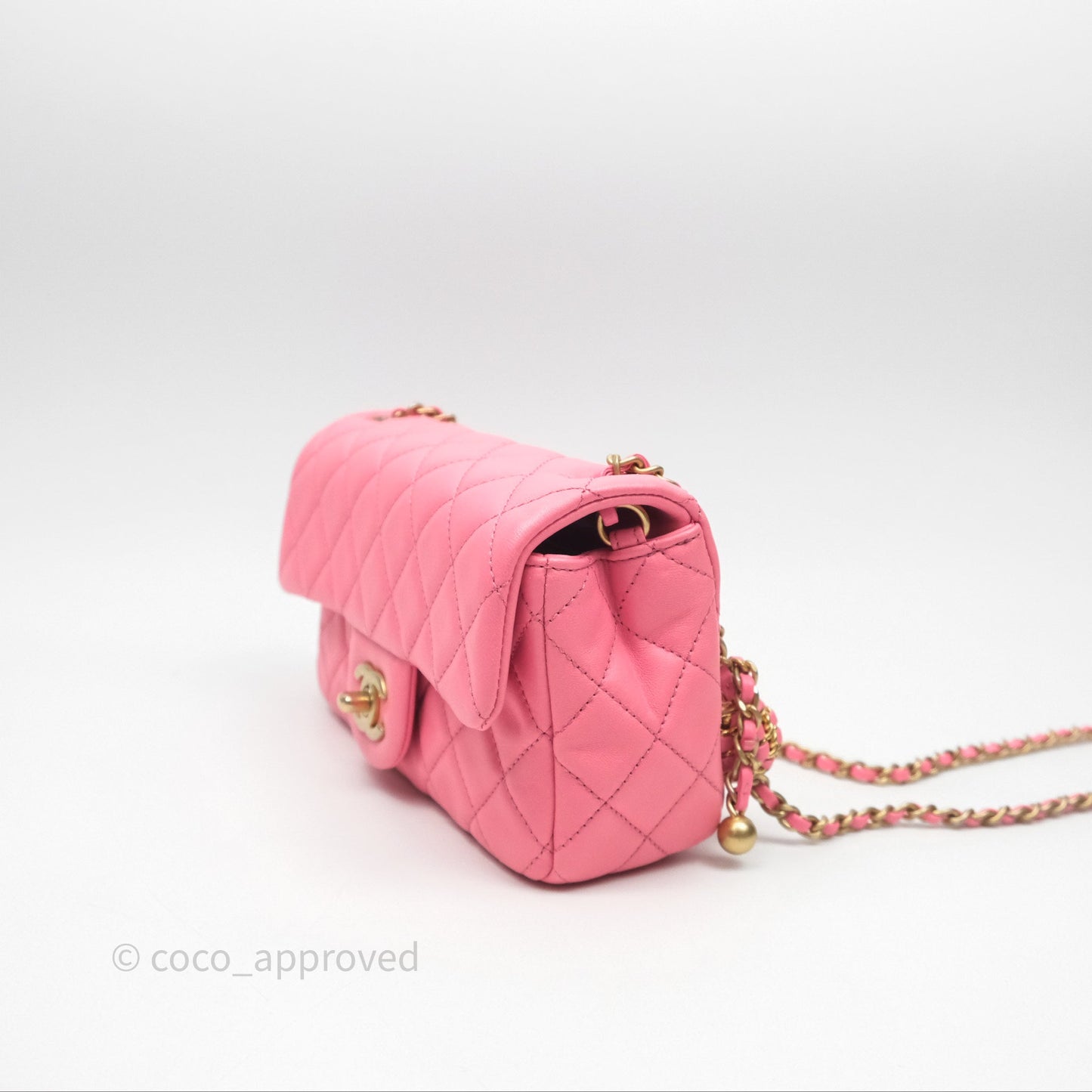 Chanel Mini Rectangular Pearl Crush Quilted Pink Lambskin Aged Gold Hardware