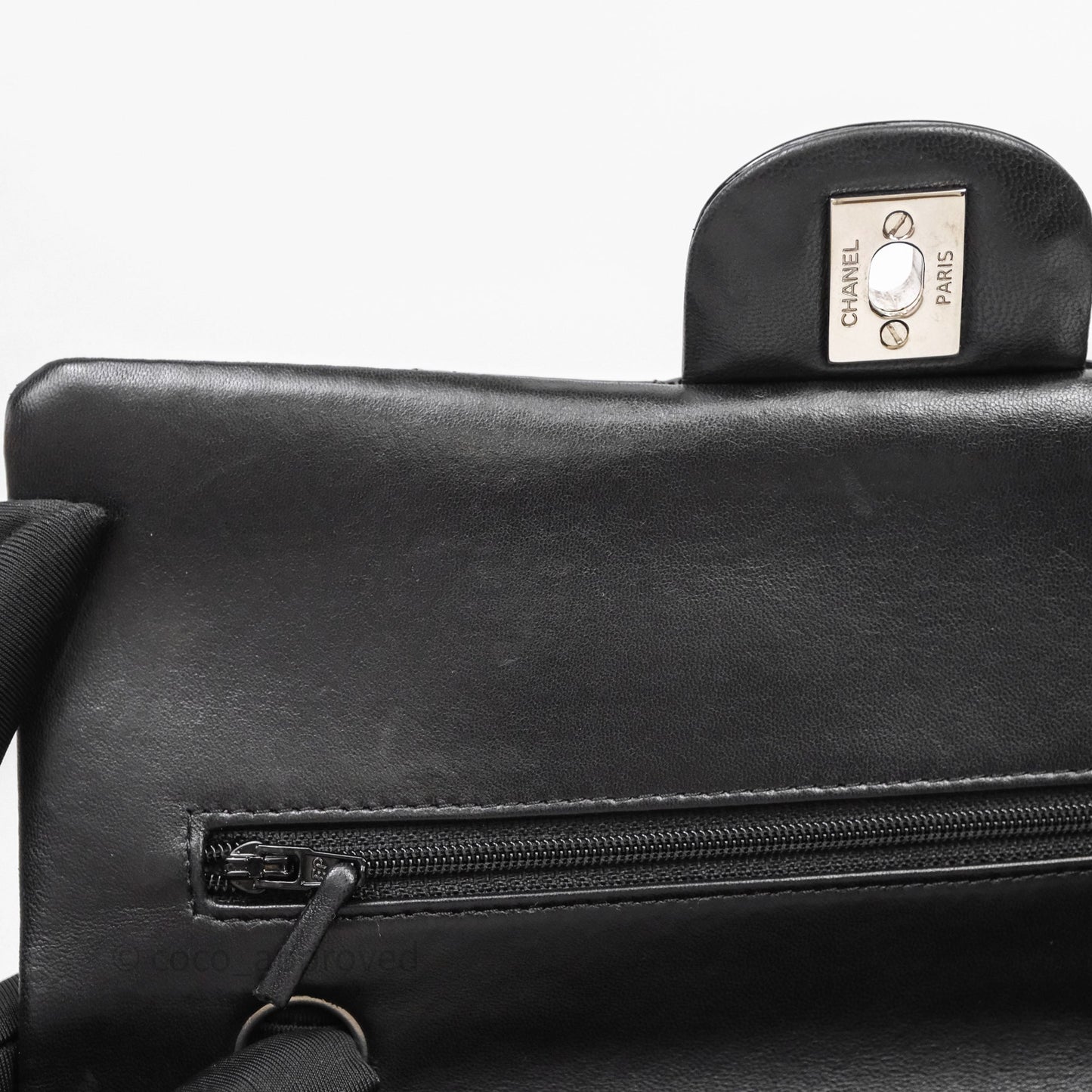 Chanel Medium Classic Flap Quilted Black Patent Silver Hardware