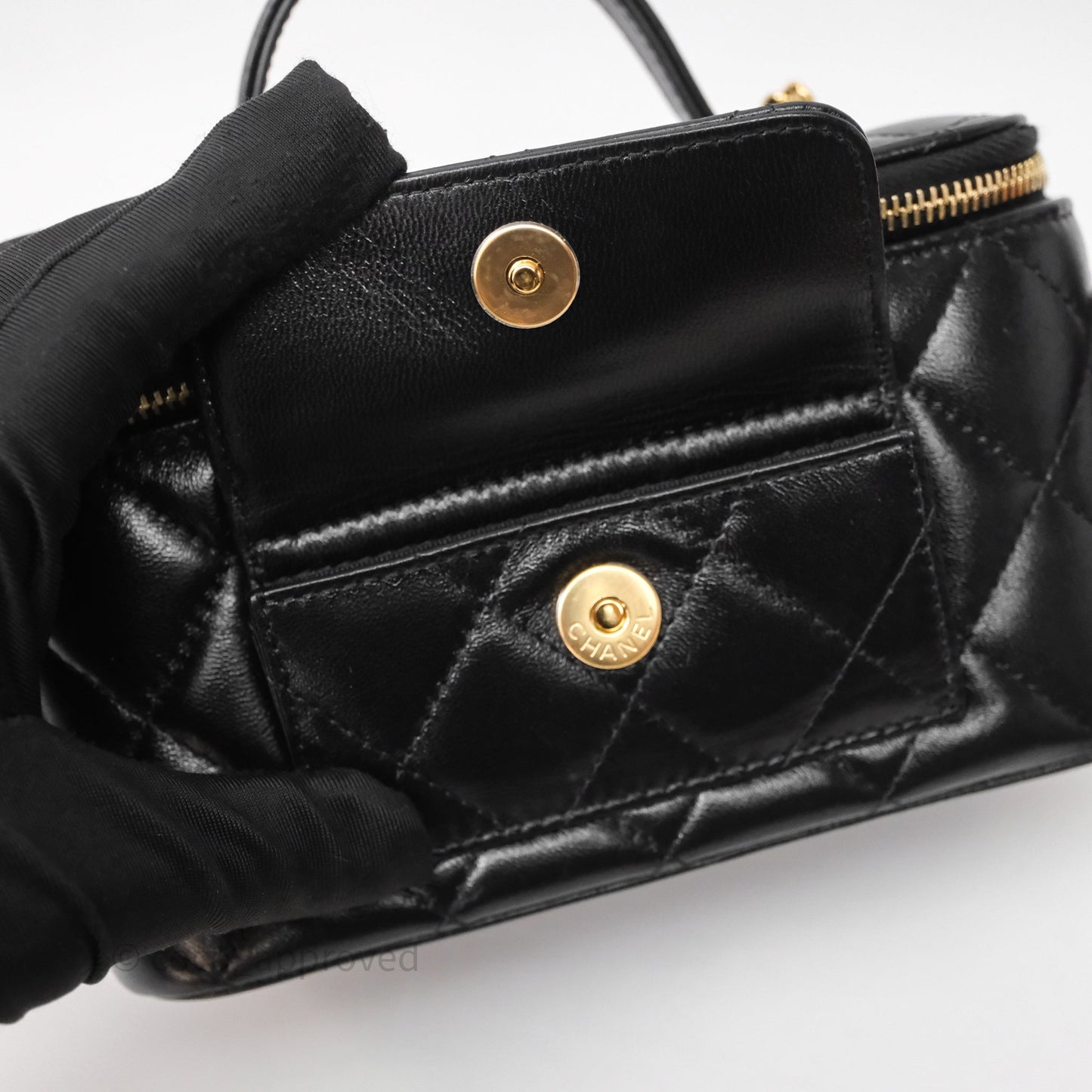 Chanel Quilted Top Handle Pocket Vanity Case Black Shiny Lambskin Bag Gold Hardware