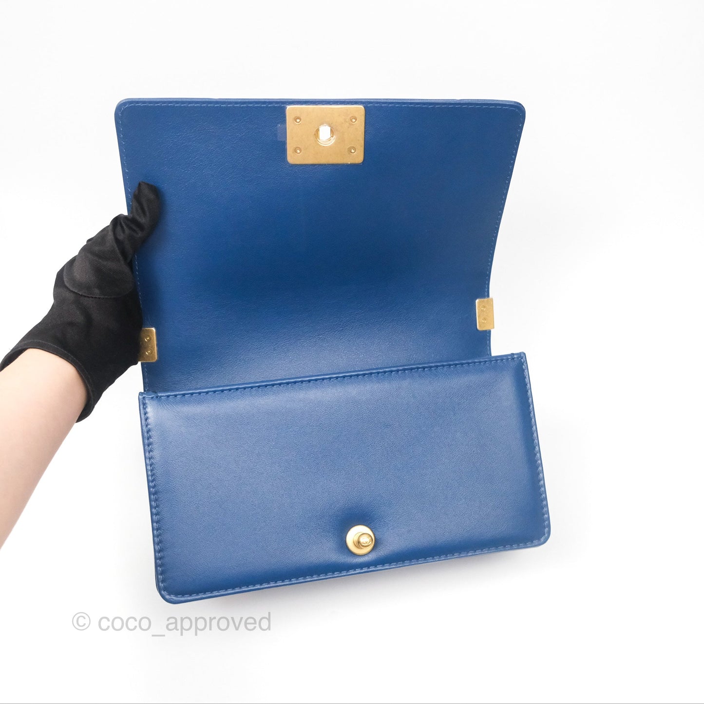 Chanel Quilted Medium Boy With Handle Dark Blue Calfskin Aged Gold Hardware