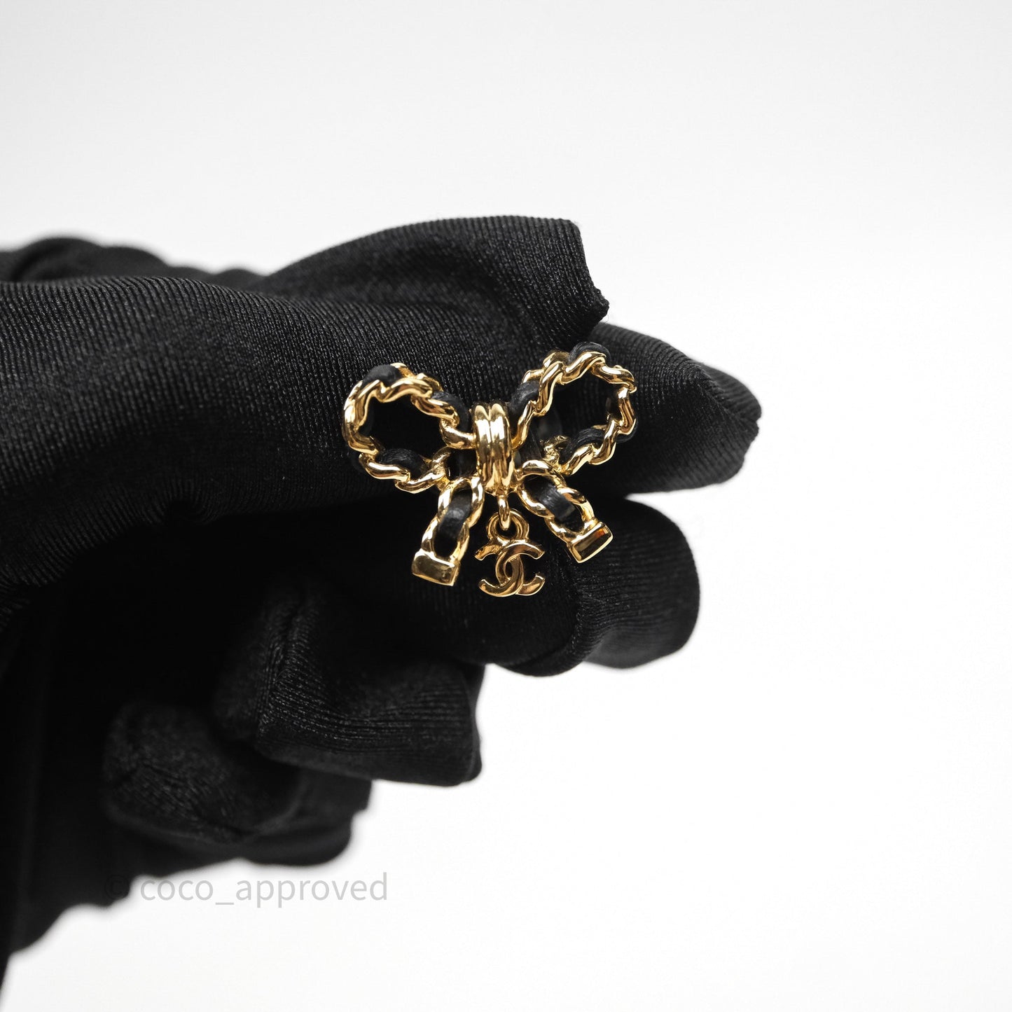 Chanel Lambskin Chain Bow Earrings Black Gold 25V