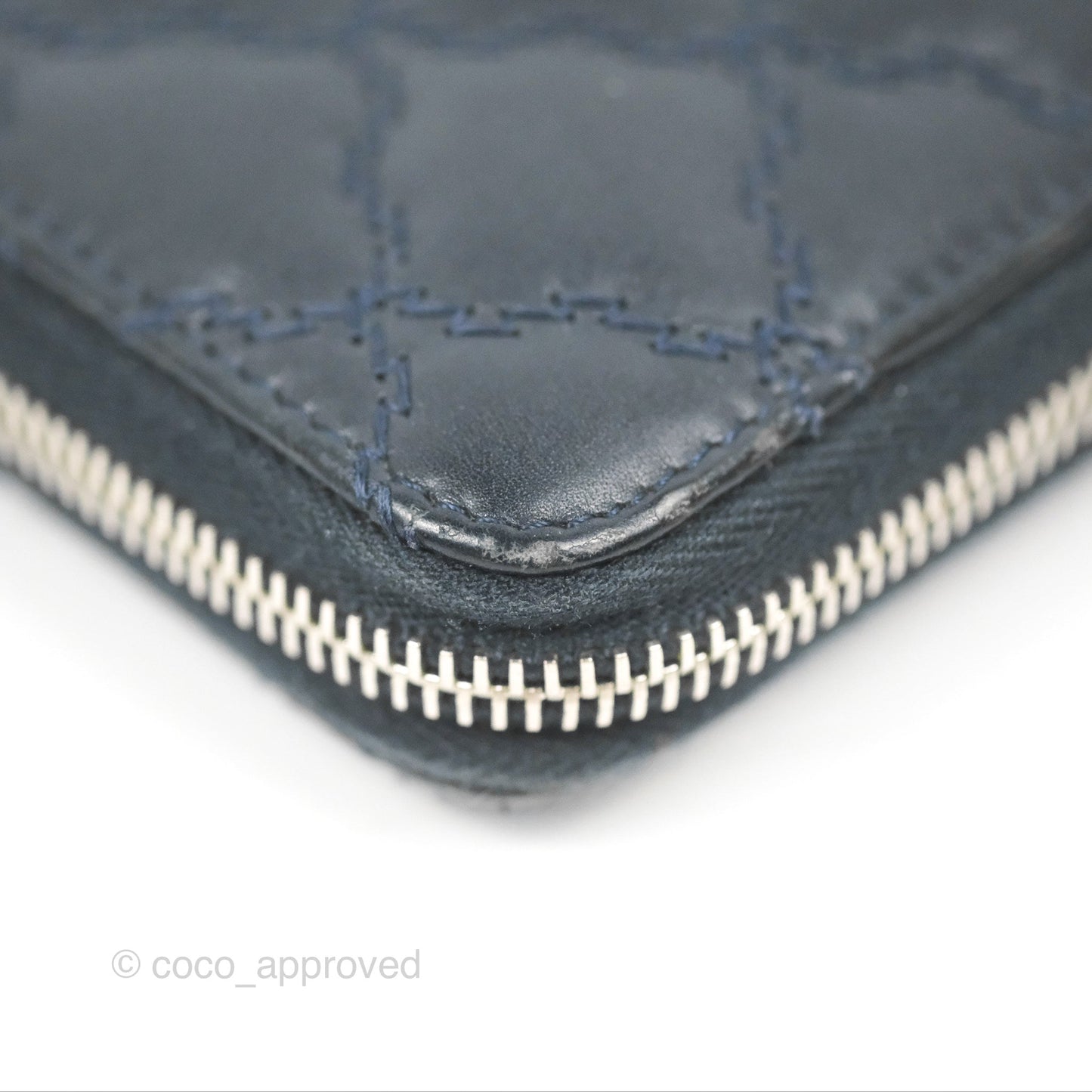 Chanel Quilted Zip Long Wallet Navy Lambskin Silver Hardware