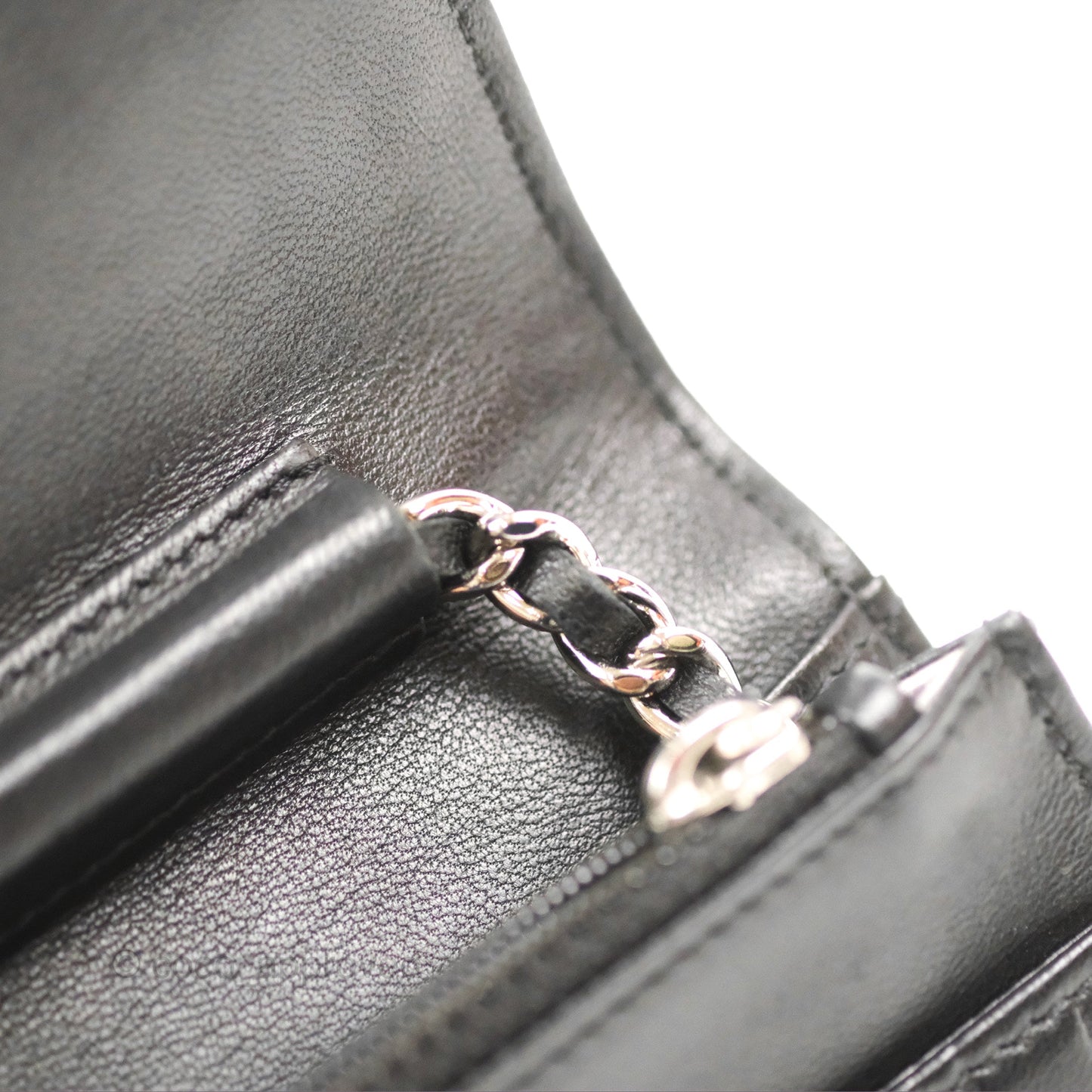 Chanel Camellia Embossed Wallet on Chain WOC Black Lambskin Silver Hardware