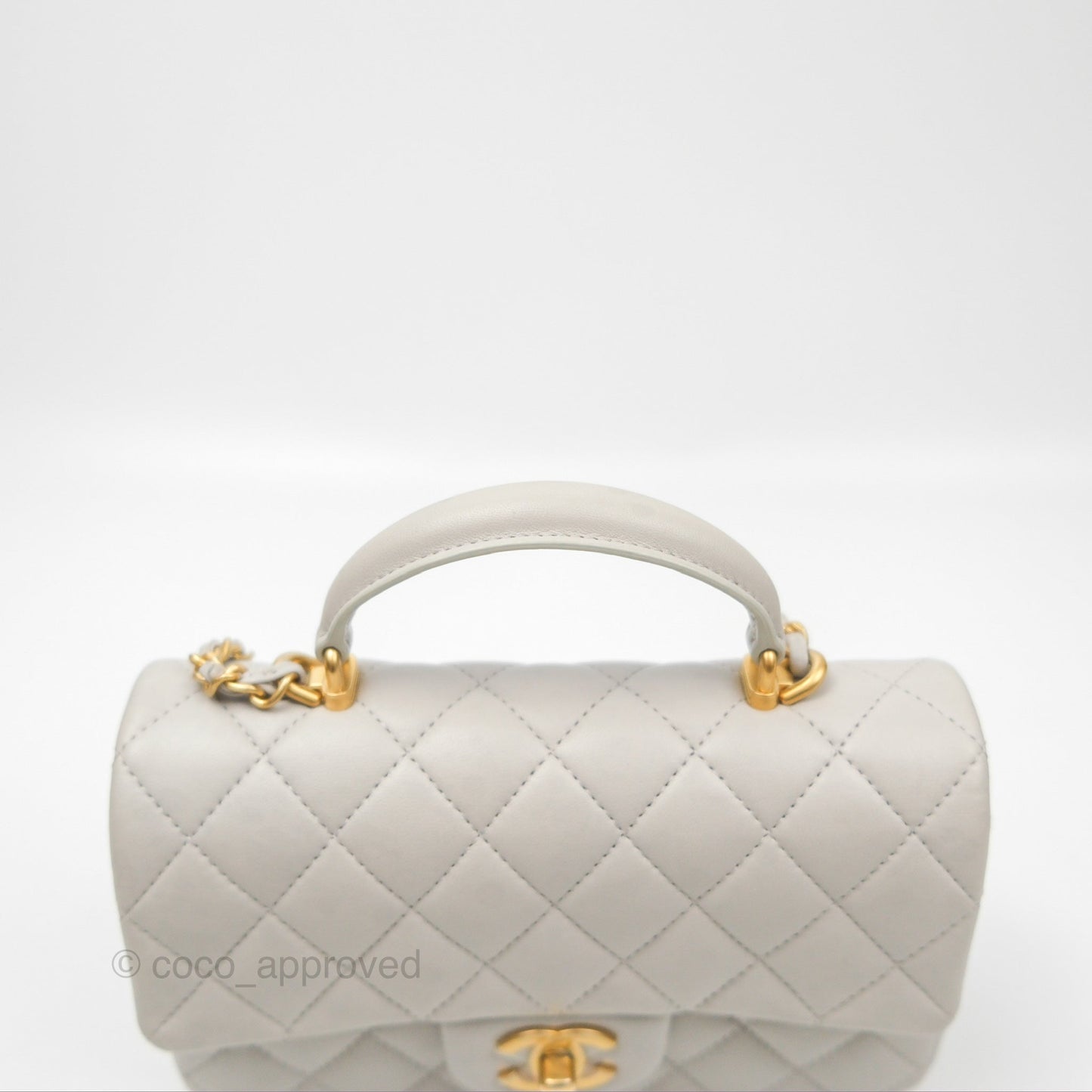 Chanel Top Handle Mini Rectangular Flap Bag Light Grey Lambskin Aged Gold Hardware