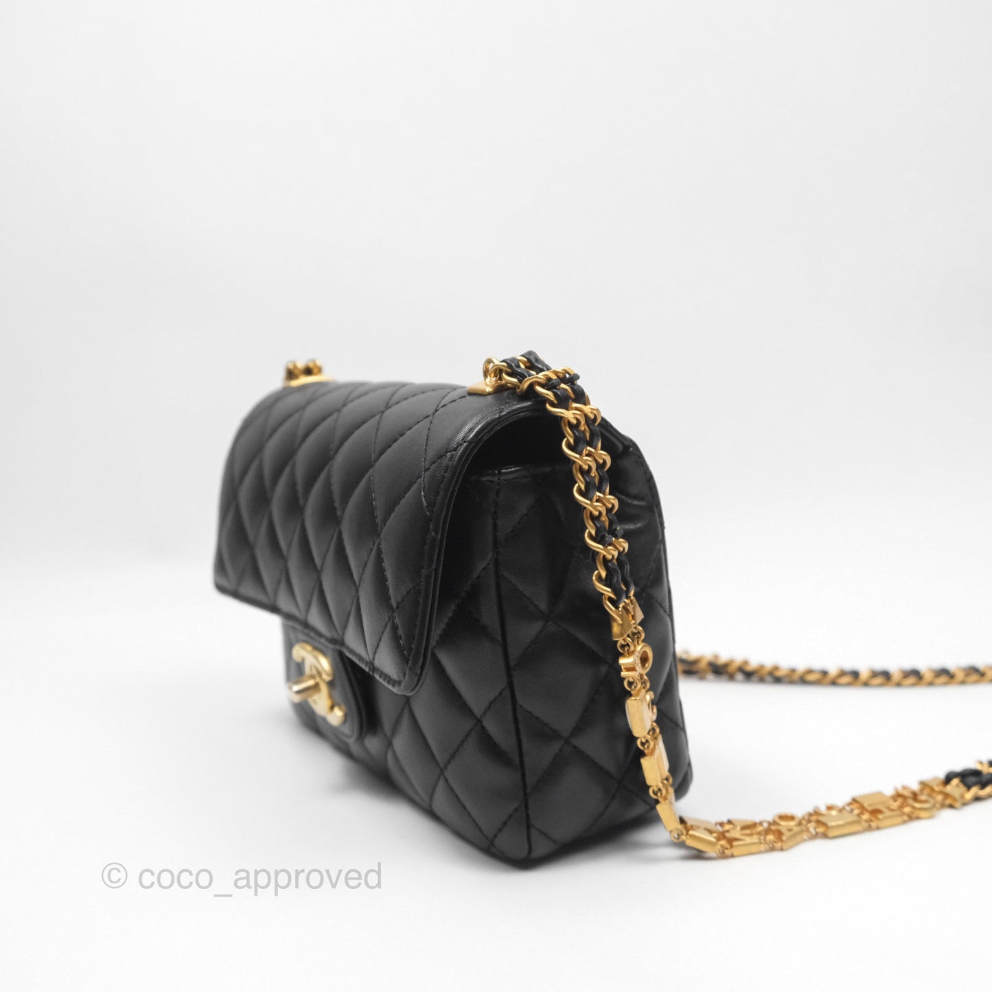 Chanel Flap Bag with Logo Enamel Chain Black Lambskin 22B