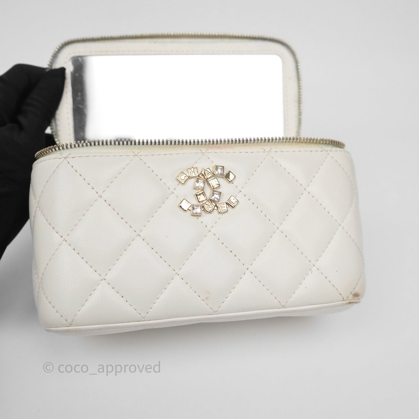 Chanel Logo Crystals Top Handle Vanity Rectangular White Lambskin Gold Hardware