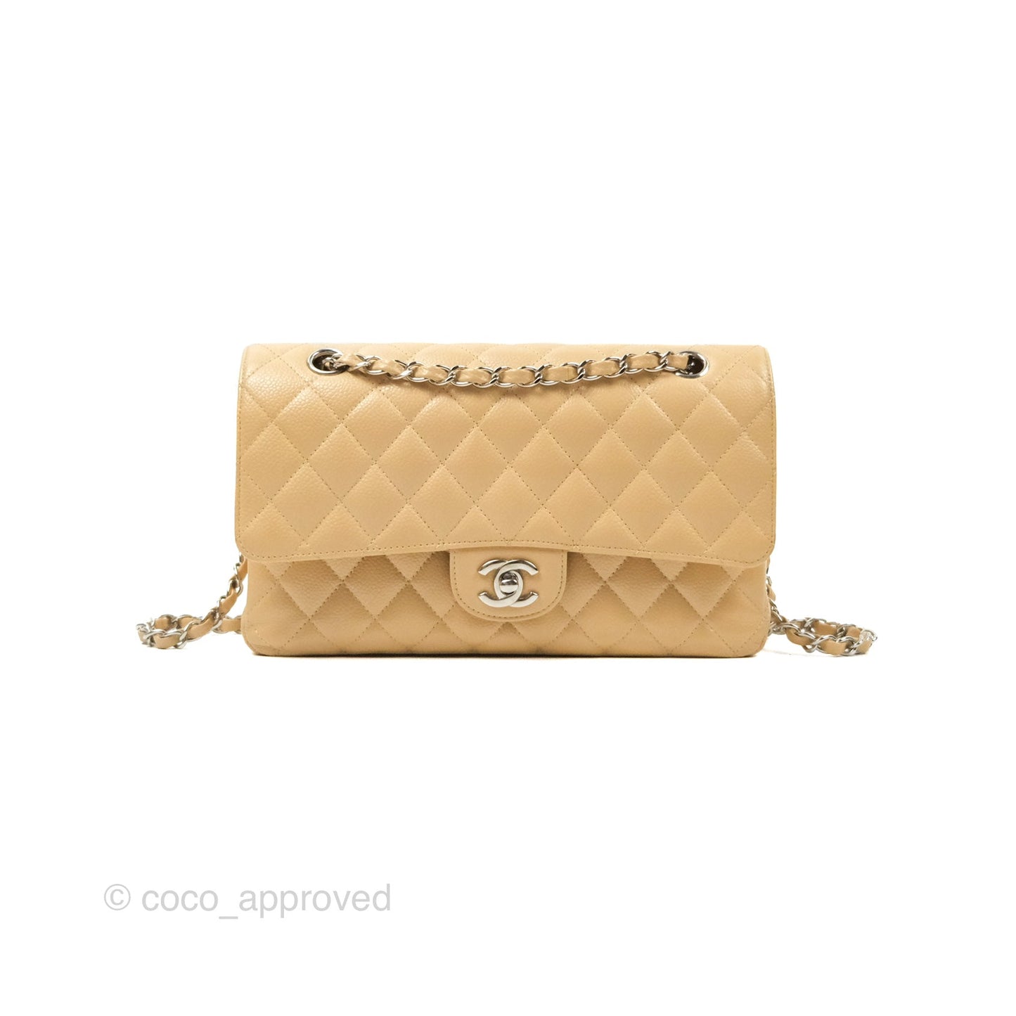 Chanel Classic M/L Medium Flap Quilted Beige Caviar Silver Hardware