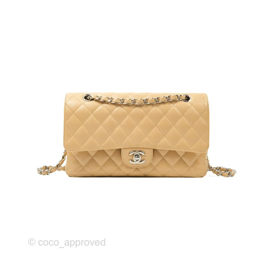 Chanel Classic M/L Medium Flap Quilted Beige Caviar Silver Hardware