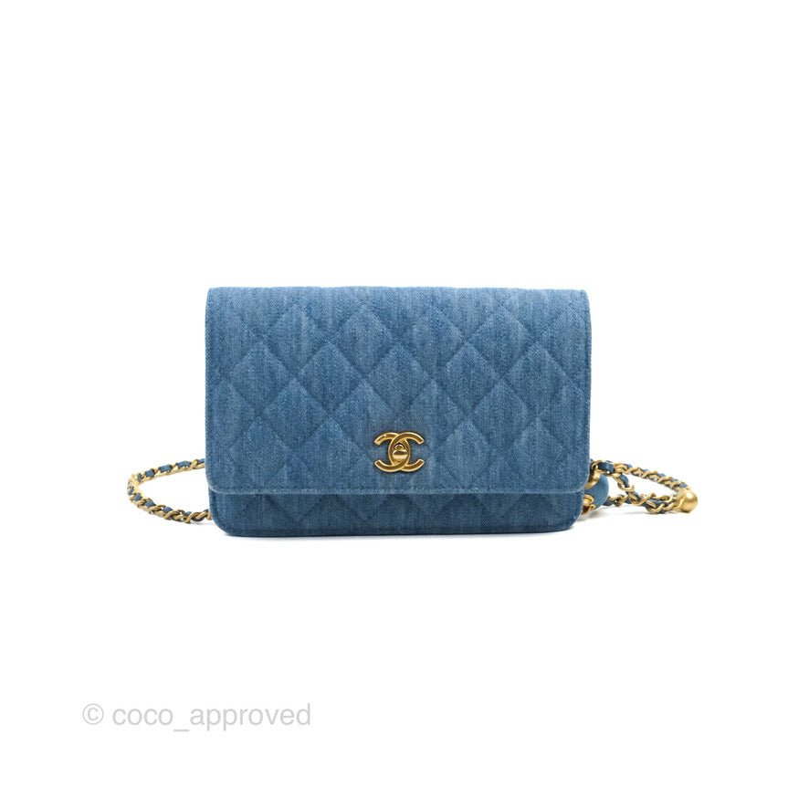 Chanel Quilted Pearl Crush Wallet on Chain WOC Denim Aged Gold Hardware
