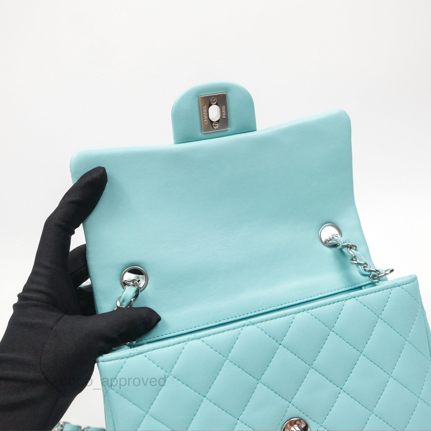 Chanel Quilted Mini Rectangular Flap Tiffany Blue Lambskin Silver Hardware