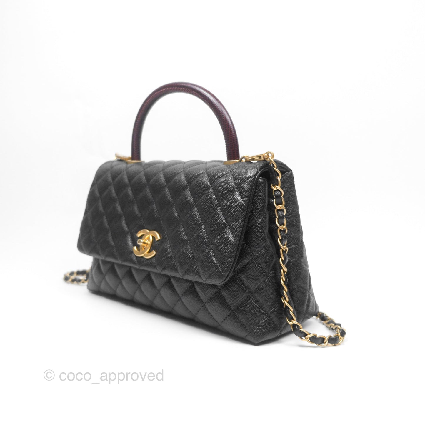 Chanel Medium Coco Handle Quilted Black Caviar Lizard Handle Gold Hardware