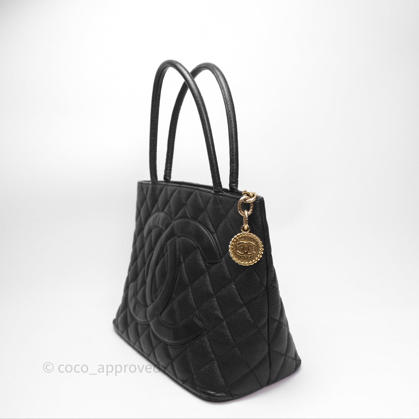 Chanel Vintage Medallion CC Black Caviar Tote Bag Gold Hardware